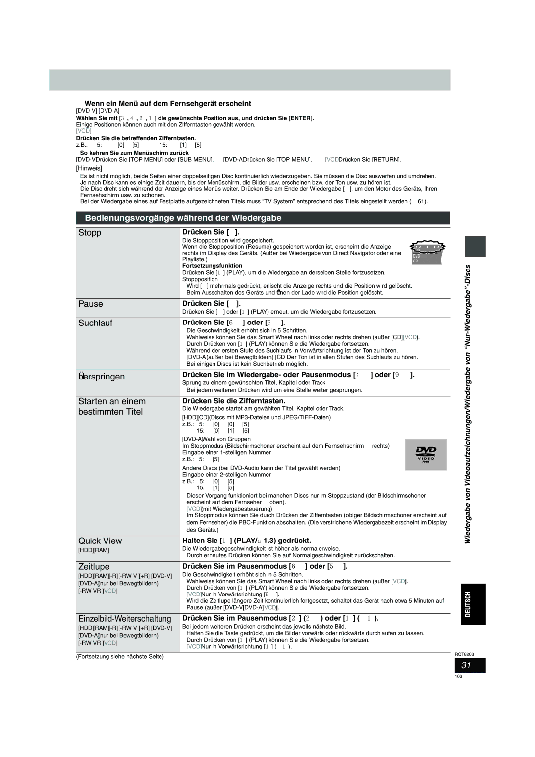 Philips DMR-EH60 operating instructions Bedienungsvorgänge während der Wiedergabe 