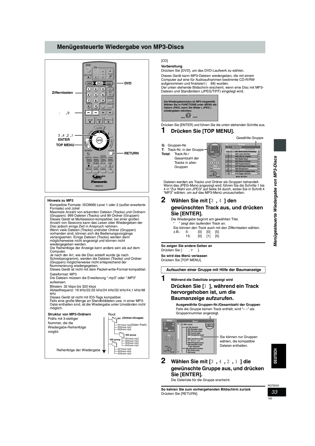 Philips DMR-EH60 Menügesteuerte Wiedergabe von MP3-Discs, Drücken Sie TOP Menu, Wählen Sie mit 3, 4, 2, 1 die 