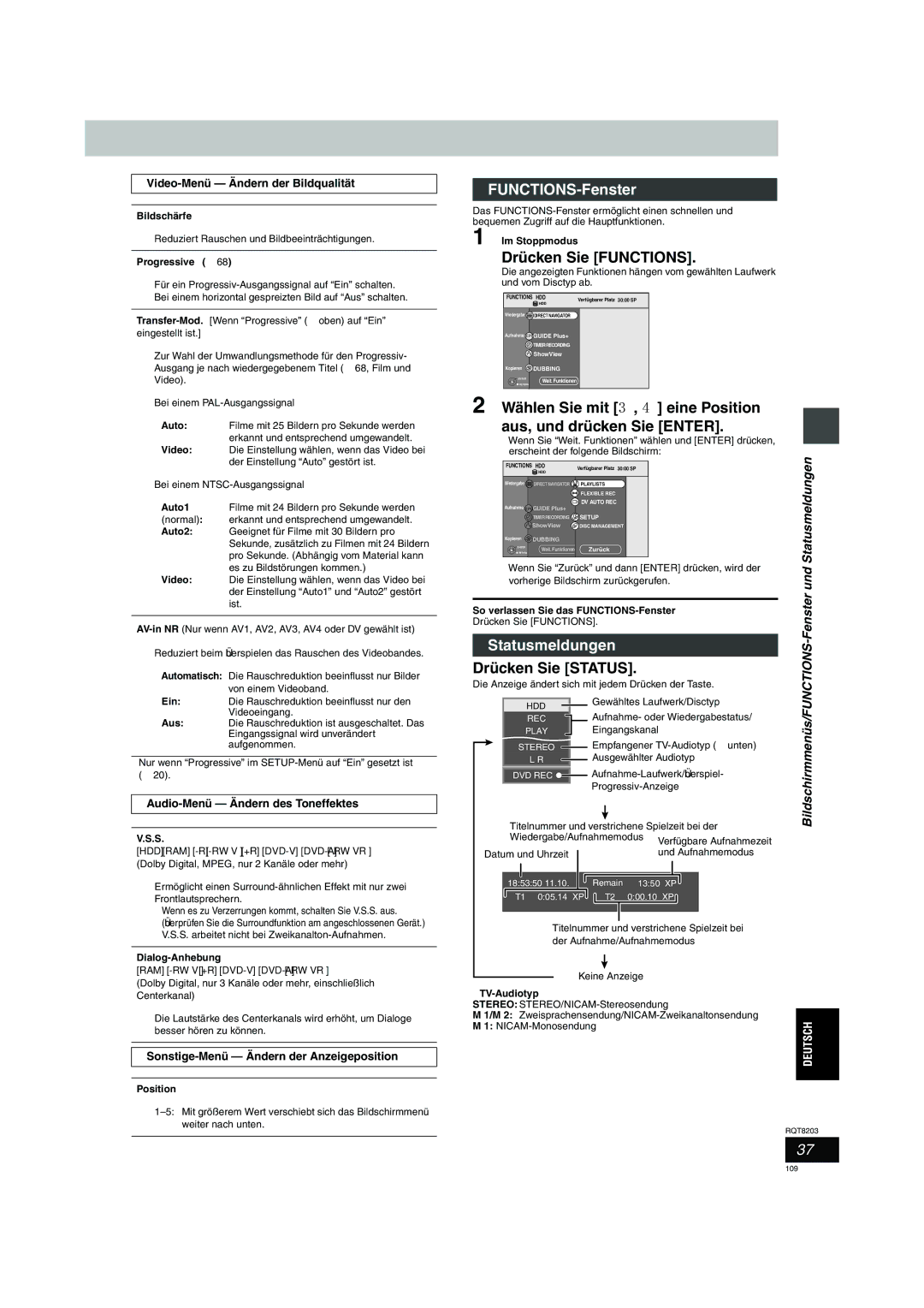 Philips DMR-EH60 operating instructions FUNCTIONS-Fenster, Statusmeldungen, Drücken Sie Status, Bildschirmmenüs/FUNCTIONS 