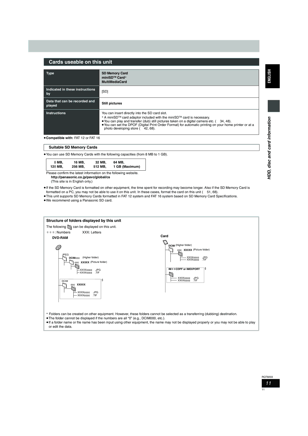 Philips DMR-EH60 operating instructions Cards useable on this unit, HDD, disc and card, Suitable SD Memory Cards 