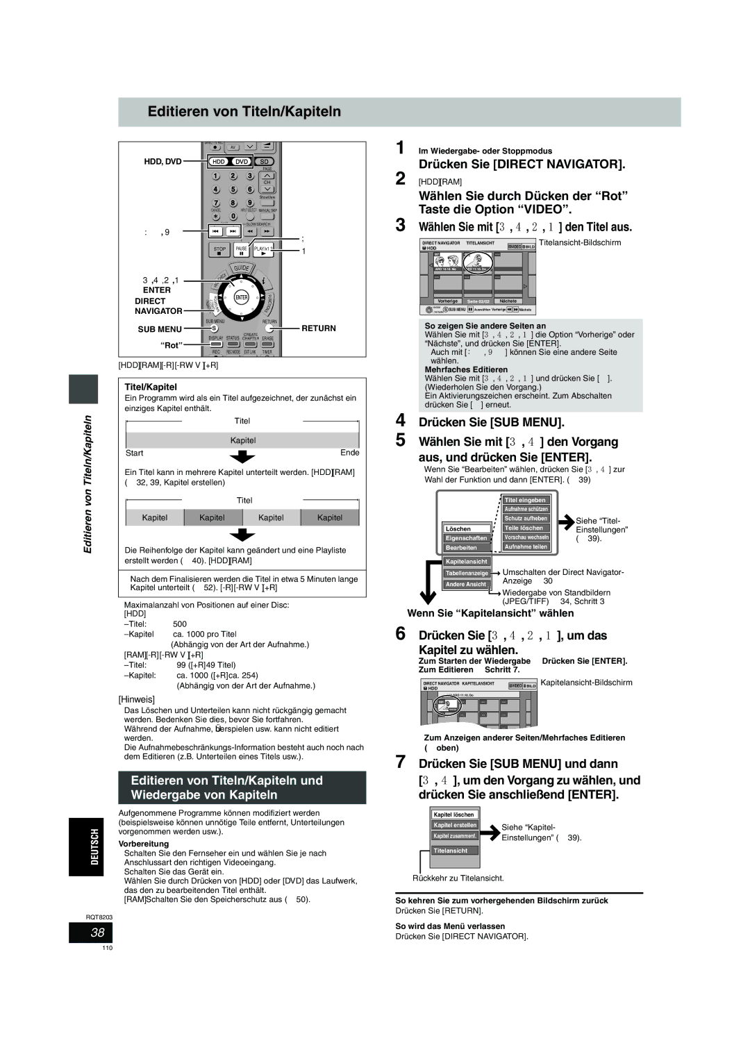 Philips DMR-EH60 Editieren von Titeln/Kapiteln und Wiedergabe von Kapiteln, Wählen Sie mit 3, 4, 2, 1 den Titel aus 