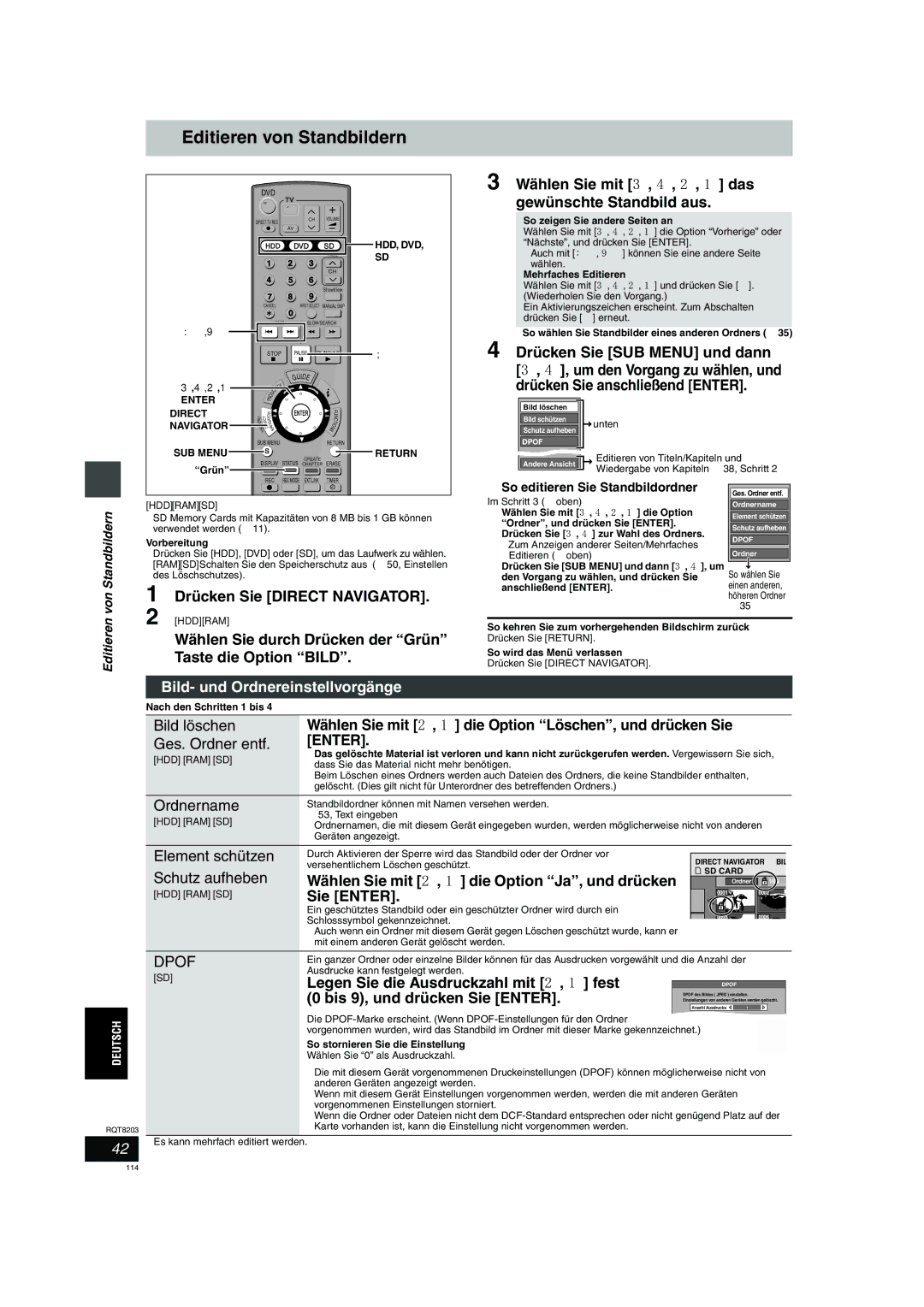 Philips DMR-EH60 operating instructions Editieren von Standbildern, Bild- und Ordnereinstellvorgänge 