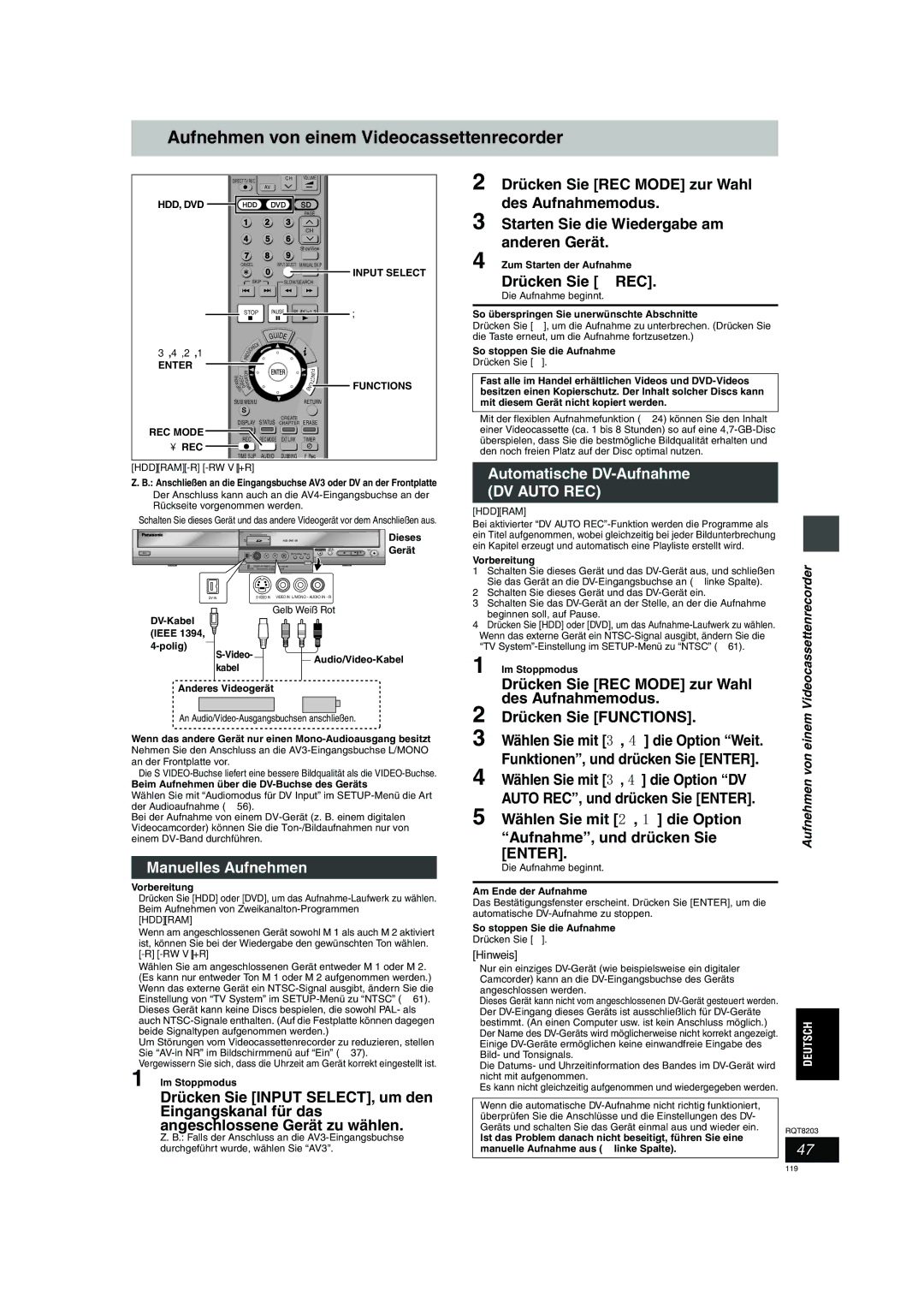 Philips DMR-EH60 Aufnehmen von einem Videocassettenrecorder, Manuelles Aufnehmen, Automatische DV-Aufnahme 