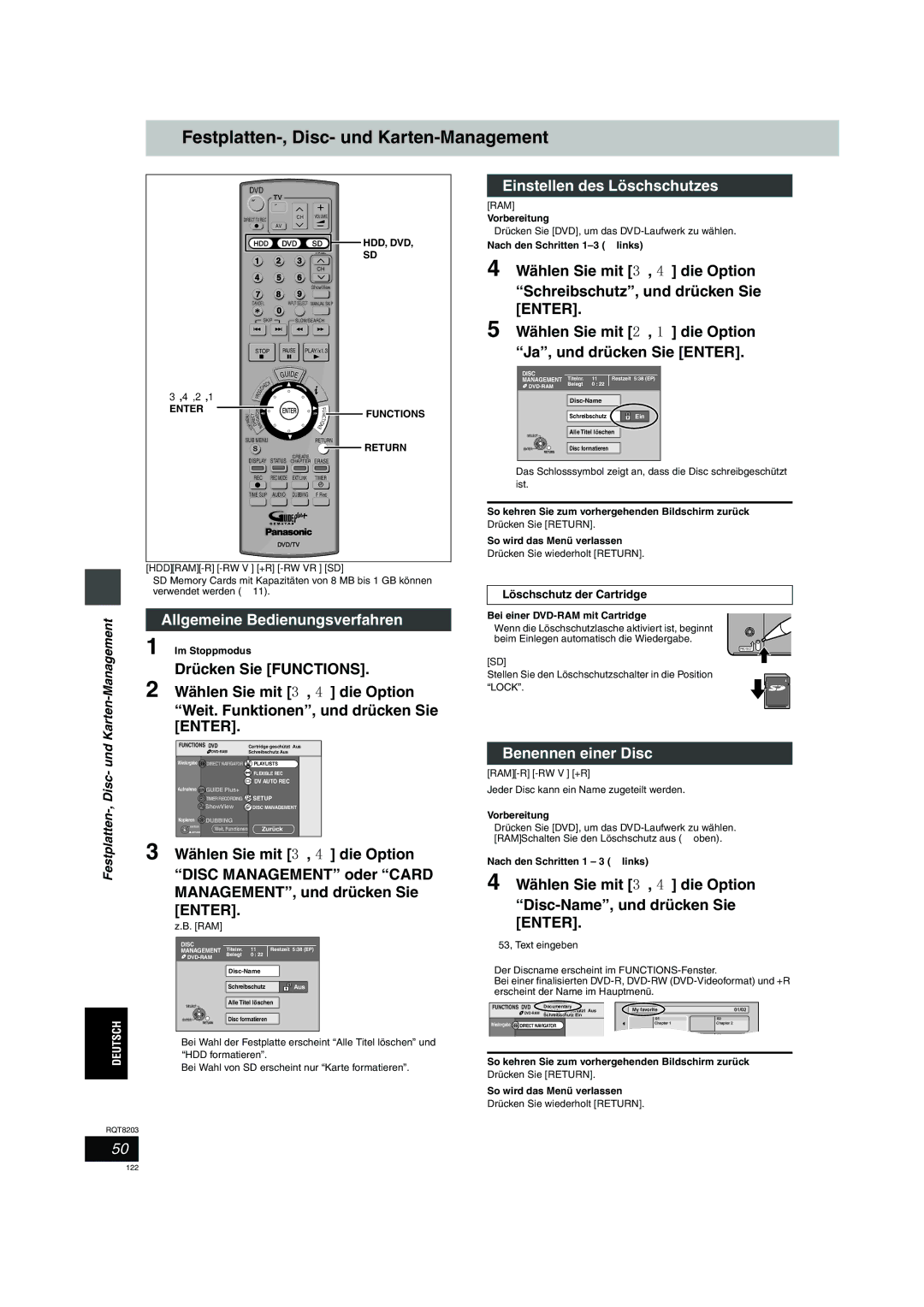 Philips DMR-EH60 Festplatten-, Disc- und Karten-Management, Allgemeine Bedienungsverfahren, Einstellen des Löschschutzes 