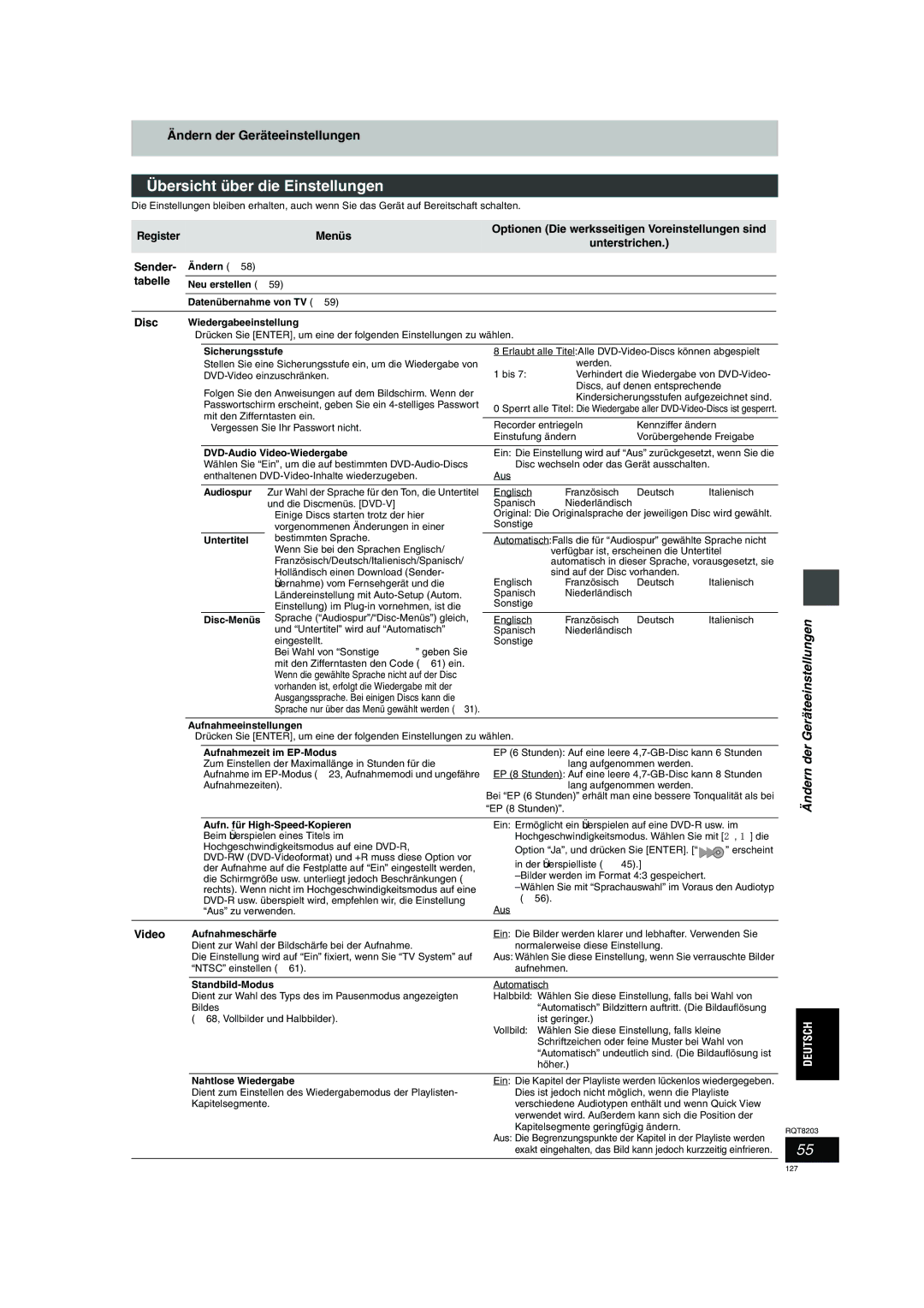 Philips DMR-EH60 operating instructions Übersicht über die Einstellungen, Ändern der Geräteeinstellungen, Tabelle, Video 