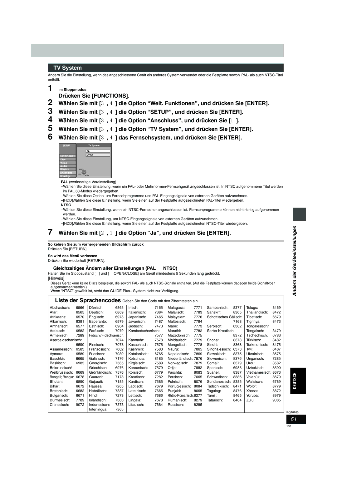 Philips DMR-EH60 operating instructions TV System, Gleichzeitiges Ändern aller Einstellungen PAL!#NTSC 