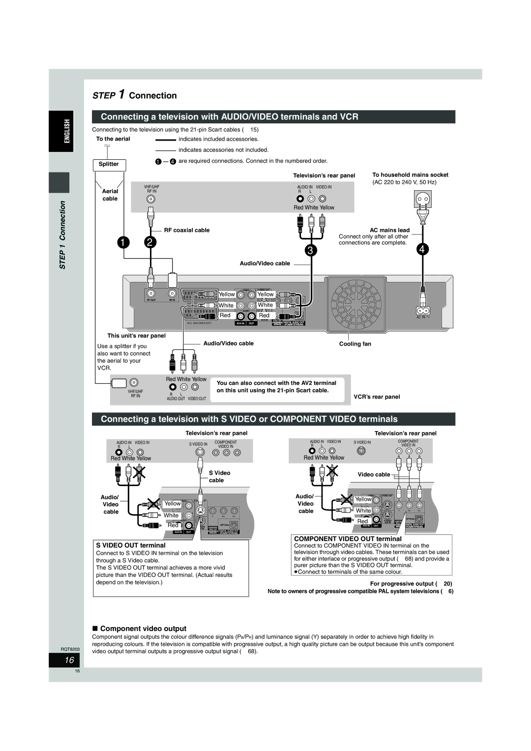 Philips DMR-EH60 Connection, Connecting a television with AUDIO/VIDEO terminals and VCR, Component video output 