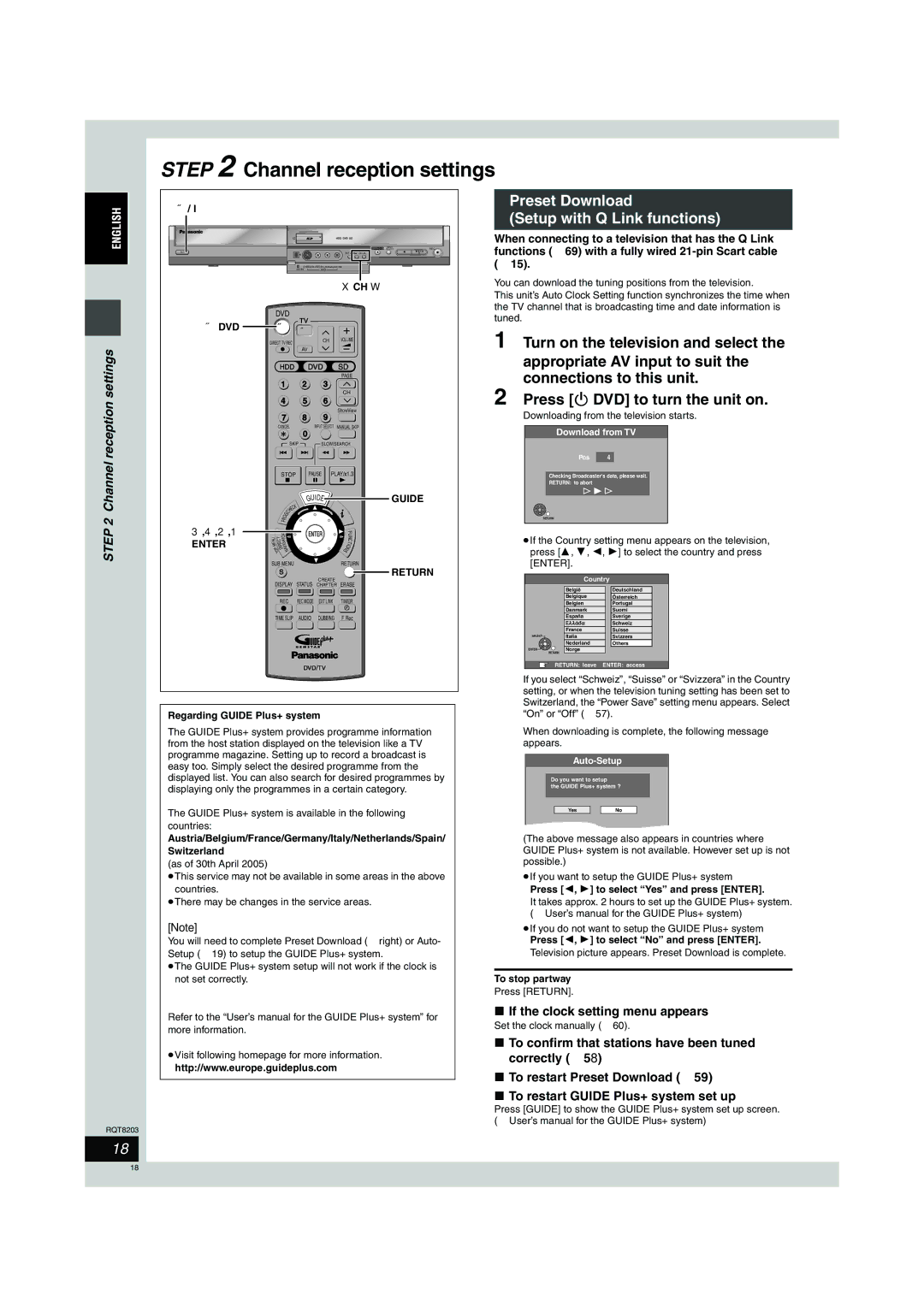 Philips DMR-EH60 Preset Download Setup with Q Link functions, Press Í DVD to turn the unit on, Channel reception settings 