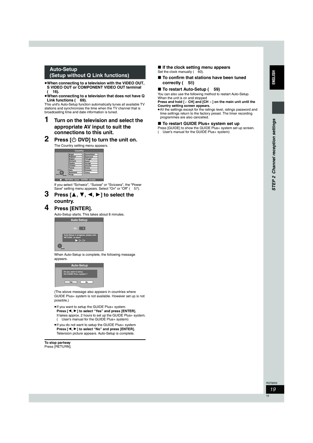 Philips DMR-EH60 Auto-Setup Setup without Q Link functions, Press 3, 4, 2, 1 to select the country Press Enter 