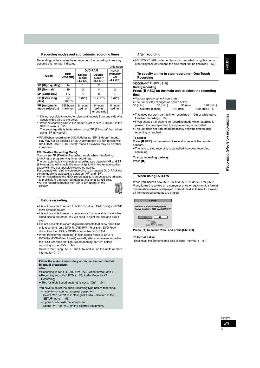 Philips DMR-EH60 Recording modes and approximate recording times, Before recording, After recording, When using DVD-RW 