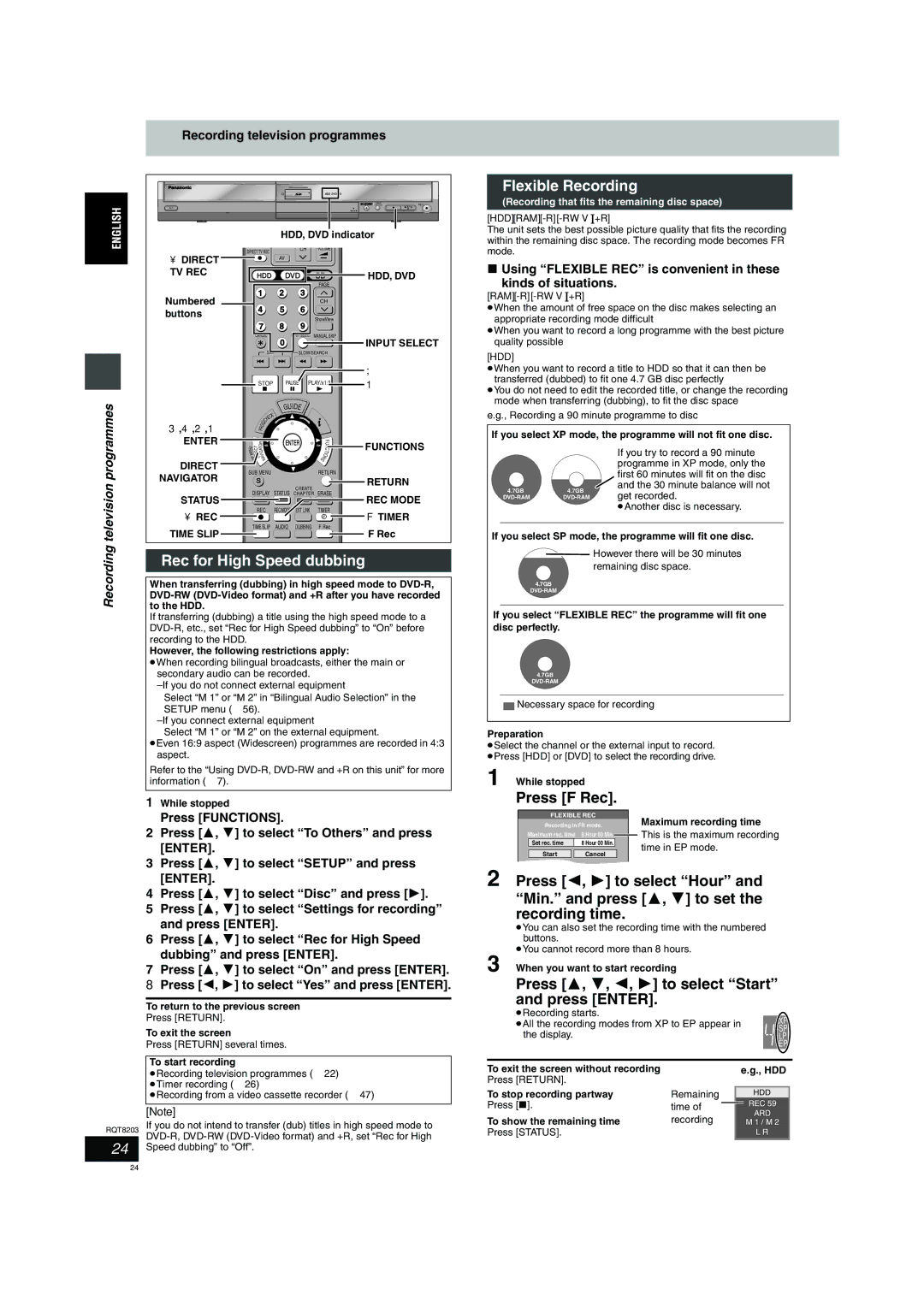 Philips DMR-EH60 Rec for High Speed dubbing, Flexible Recording, Press F Rec, Recording television programmes 