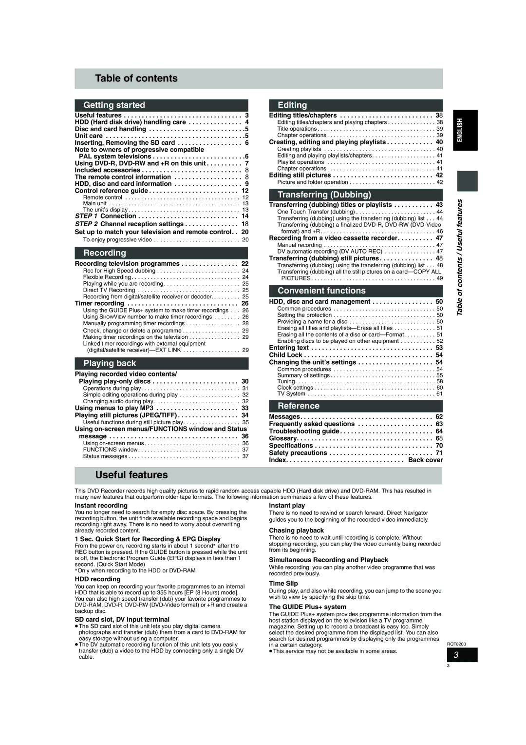 Philips DMR-EH60 operating instructions Table of contents, Useful features 