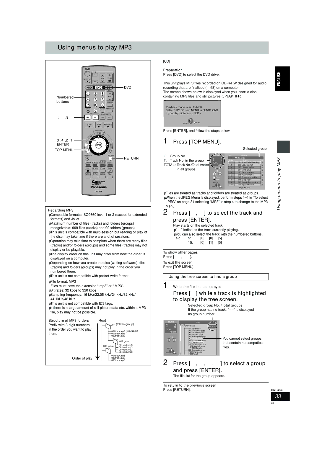 Philips DMR-EH60 operating instructions Using menus to play MP3, Press TOP Menu, Press 3, 4 to select the track 