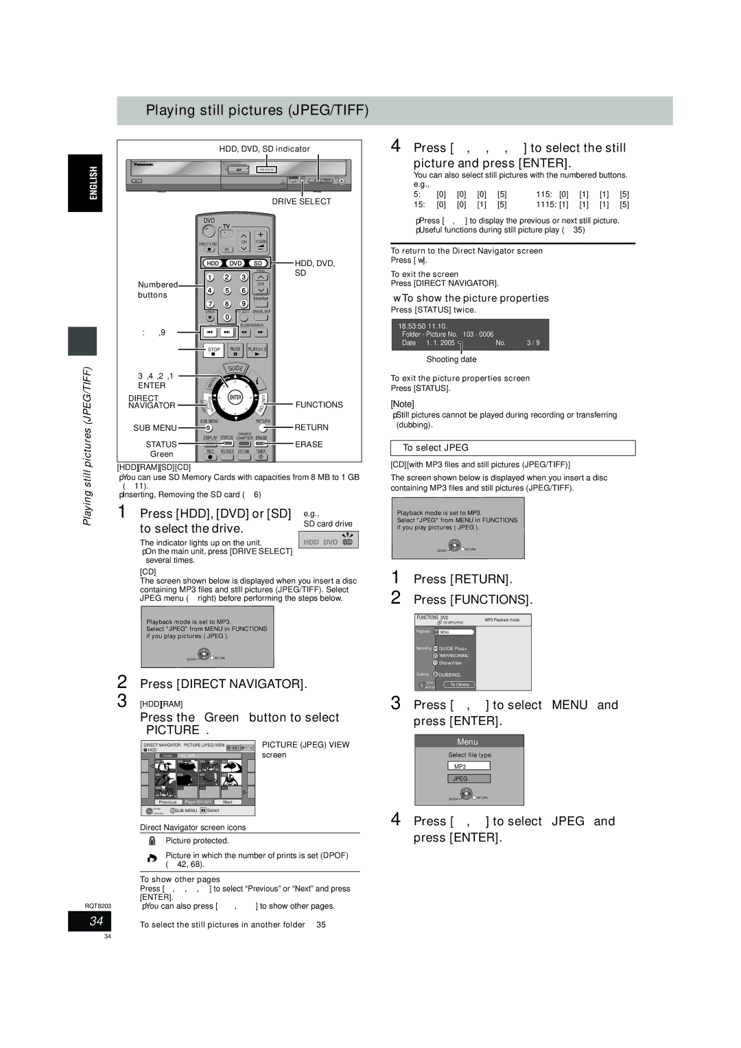 Philips DMR-EH60 Playing still pictures JPEG/TIFF, Press HDD, DVD or SD, To select the drive, Press Return Press Functions 