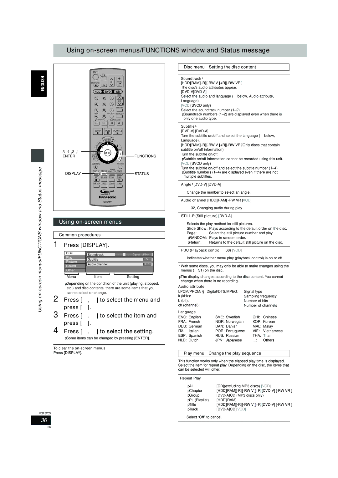 Philips DMR-EH60 operating instructions Using on-screen menus/FUNCTIONS window and Status message, Press Display 