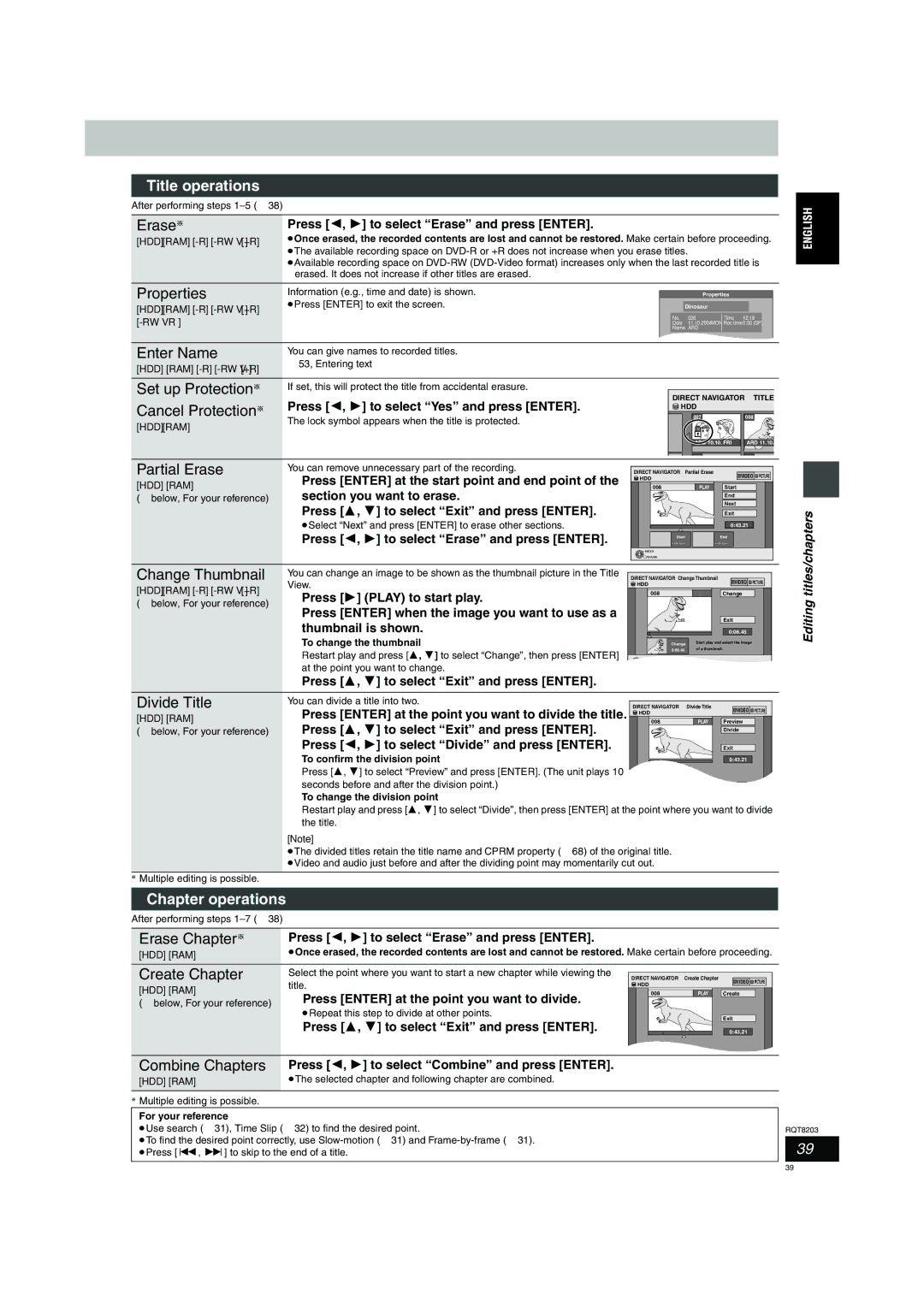 Philips DMR-EH60 operating instructions Title operations, Cancel Protection §, Partial Erase, Chapter operations 