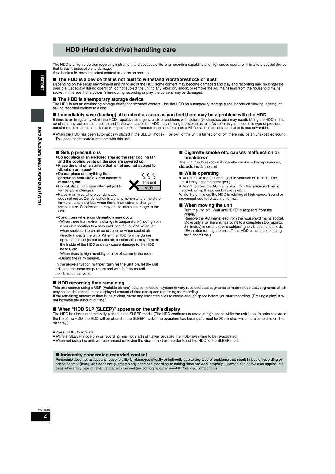 Philips DMR-EH60 operating instructions HDD Hard disk drive handling care, Handling care 