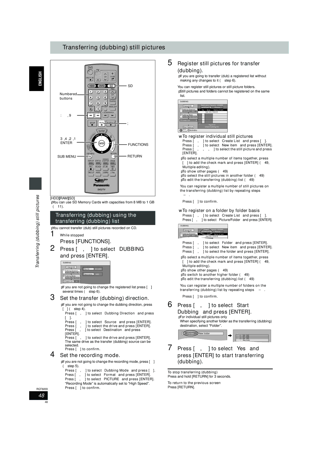 Philips DMR-EH60 operating instructions Transferring dubbing still pictures, Register still pictures for transfer dubbing 