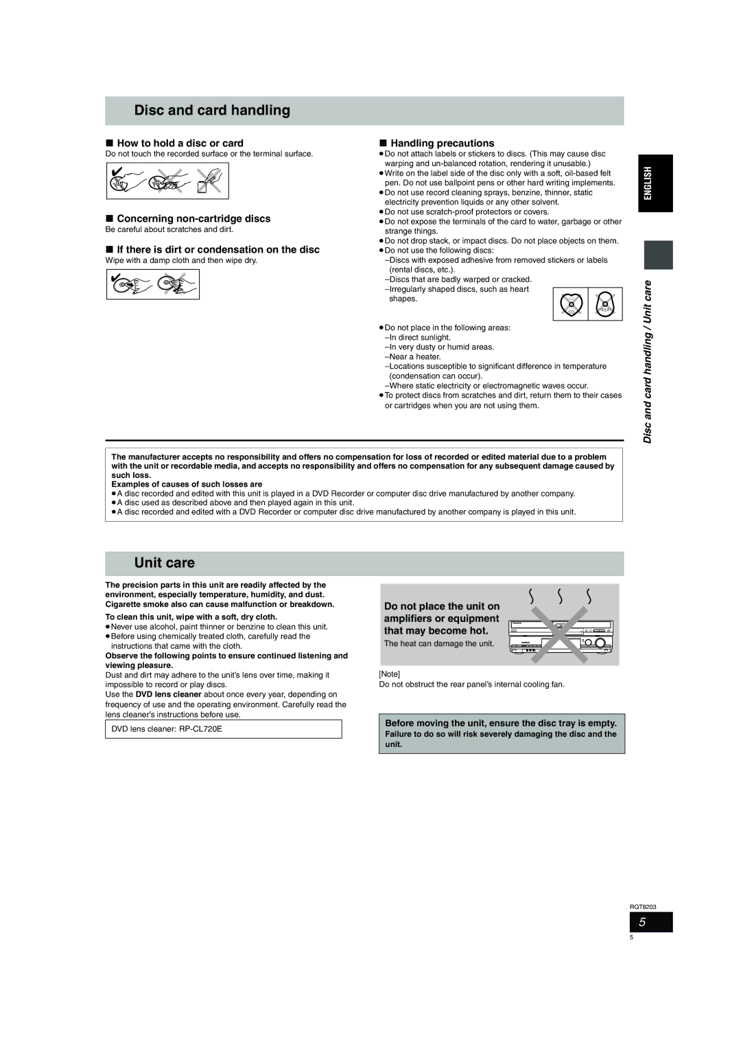 Philips DMR-EH60 operating instructions Disc and card handling / Unit care 