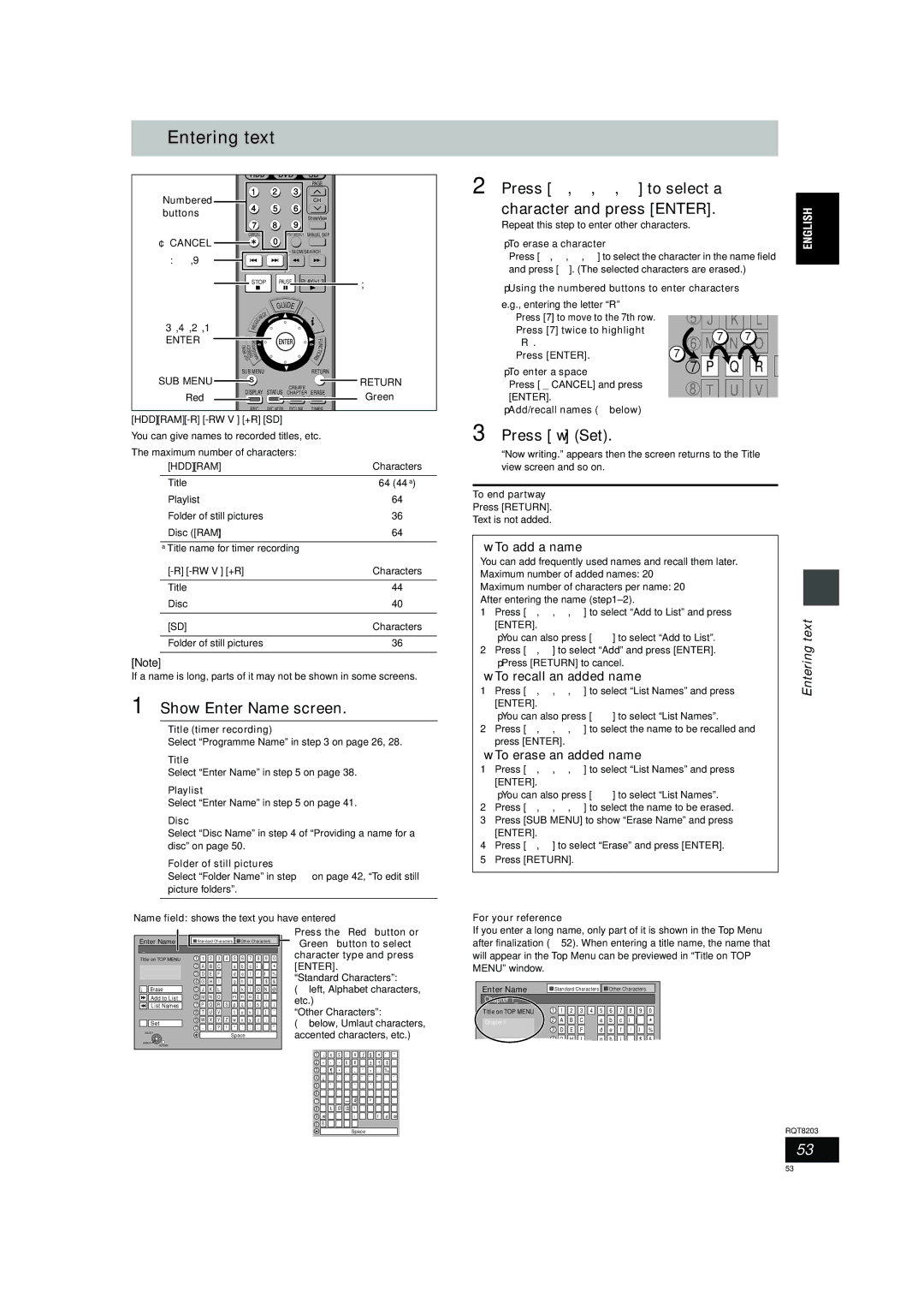 Philips DMR-EH60 operating instructions Entering text, Show Enter Name screen, Press Set 