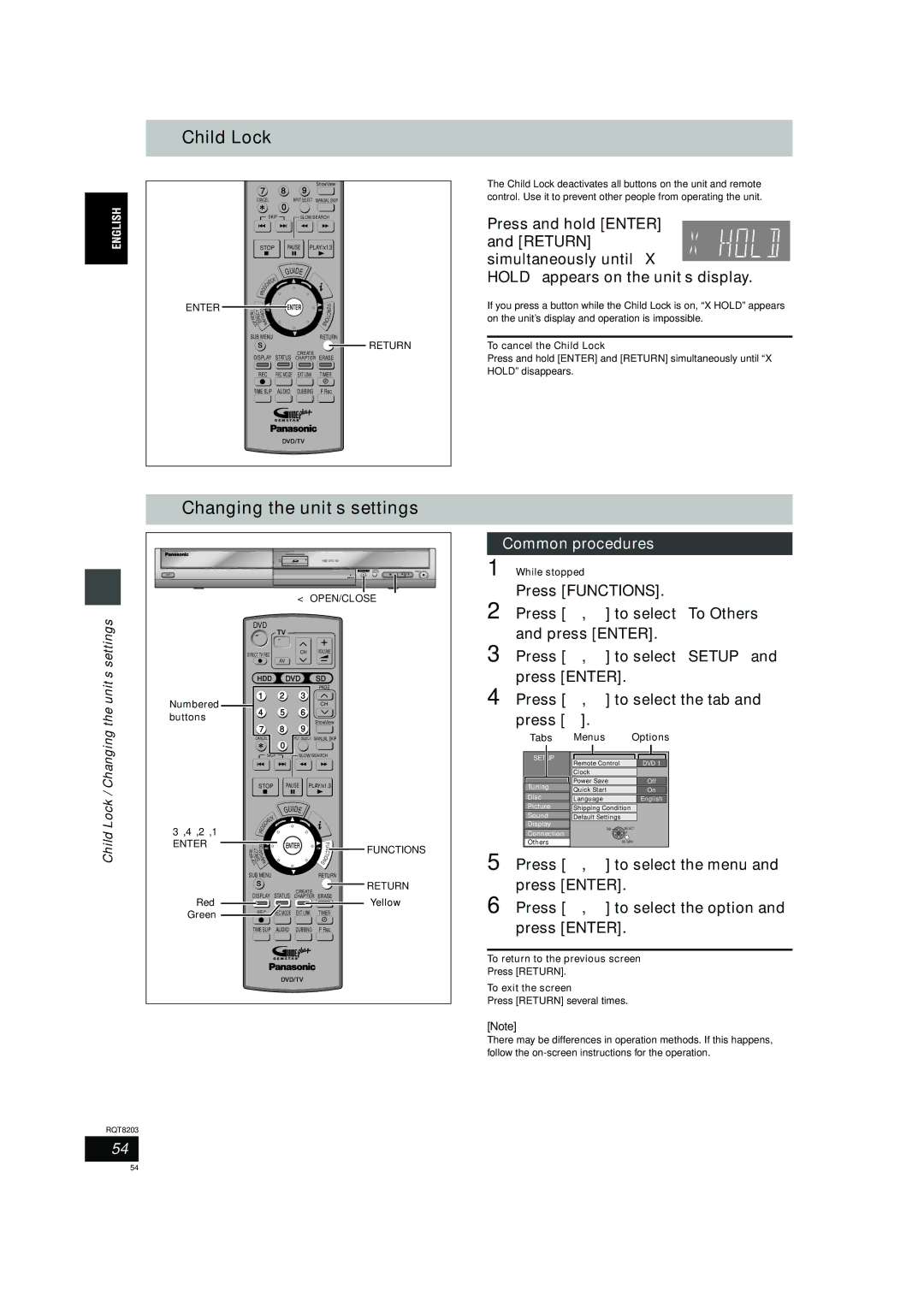 Philips DMR-EH60 operating instructions Child Lock, Changing the unit’s settings 