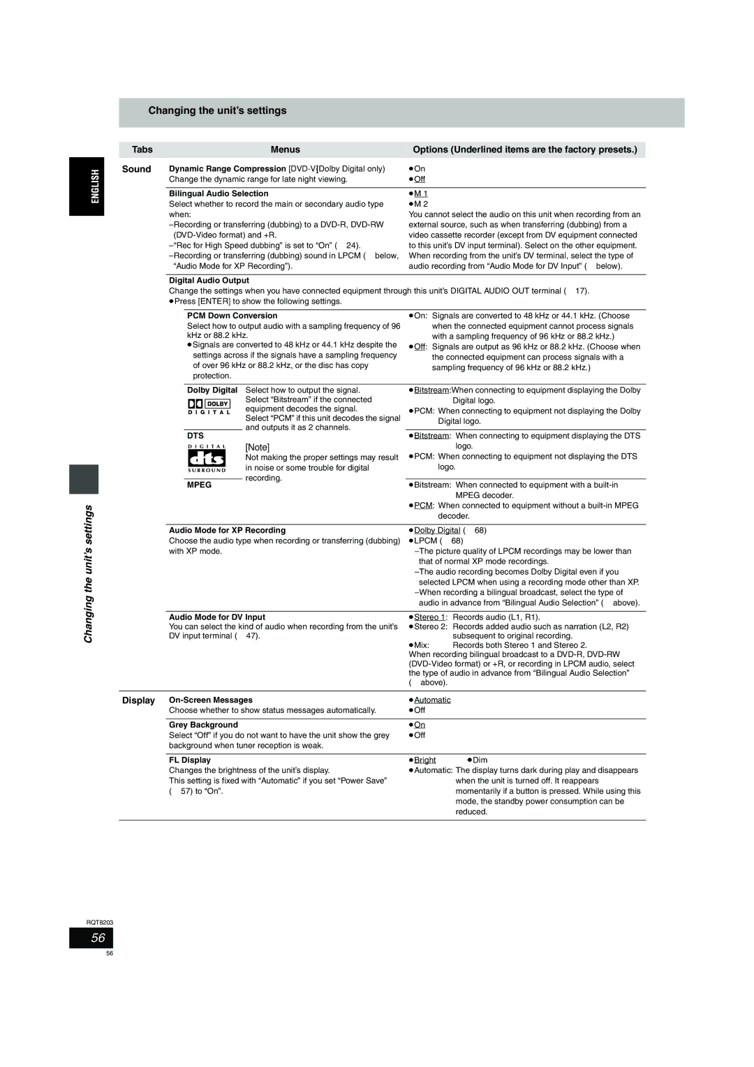 Philips DMR-EH60 operating instructions Changing the unit’s, Dts, Mpeg 