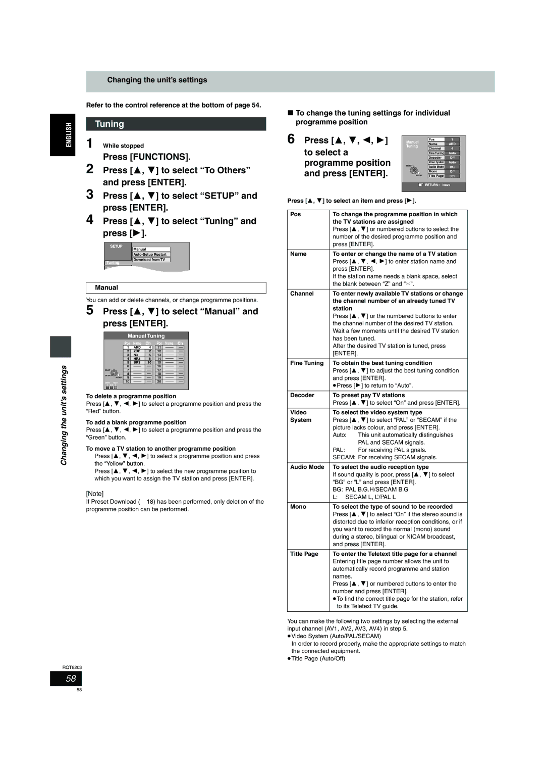 Philips DMR-EH60 Tuning, Press 3, 4 to select Manual and press Enter, Press 3, 4, 2, To select a, Programme position 