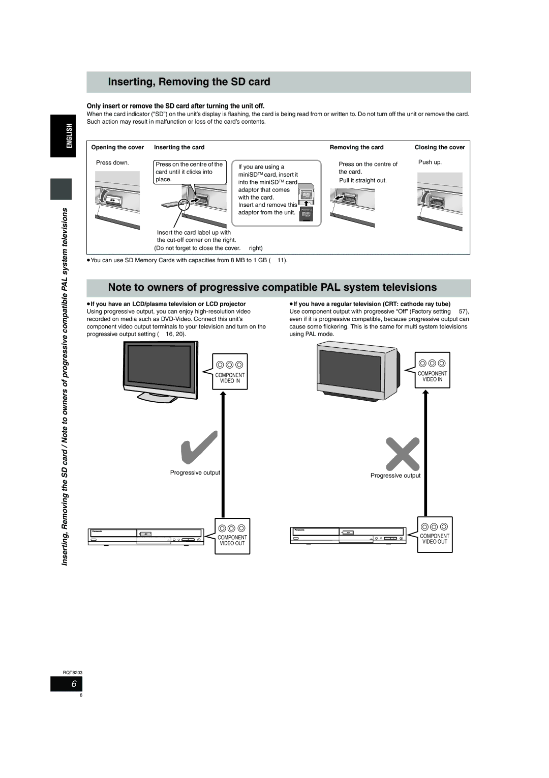 Philips DMR-EH60 operating instructions Inserting, Removing the SD card, Televisions 