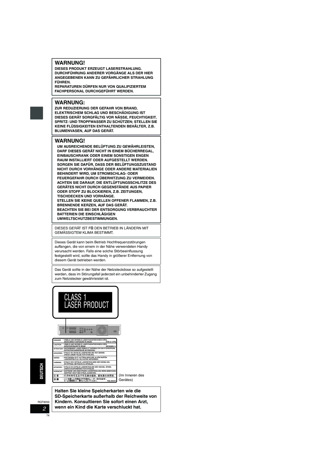 Philips DMR-EH60 operating instructions Warnung, Im Inneren des Gerätes 