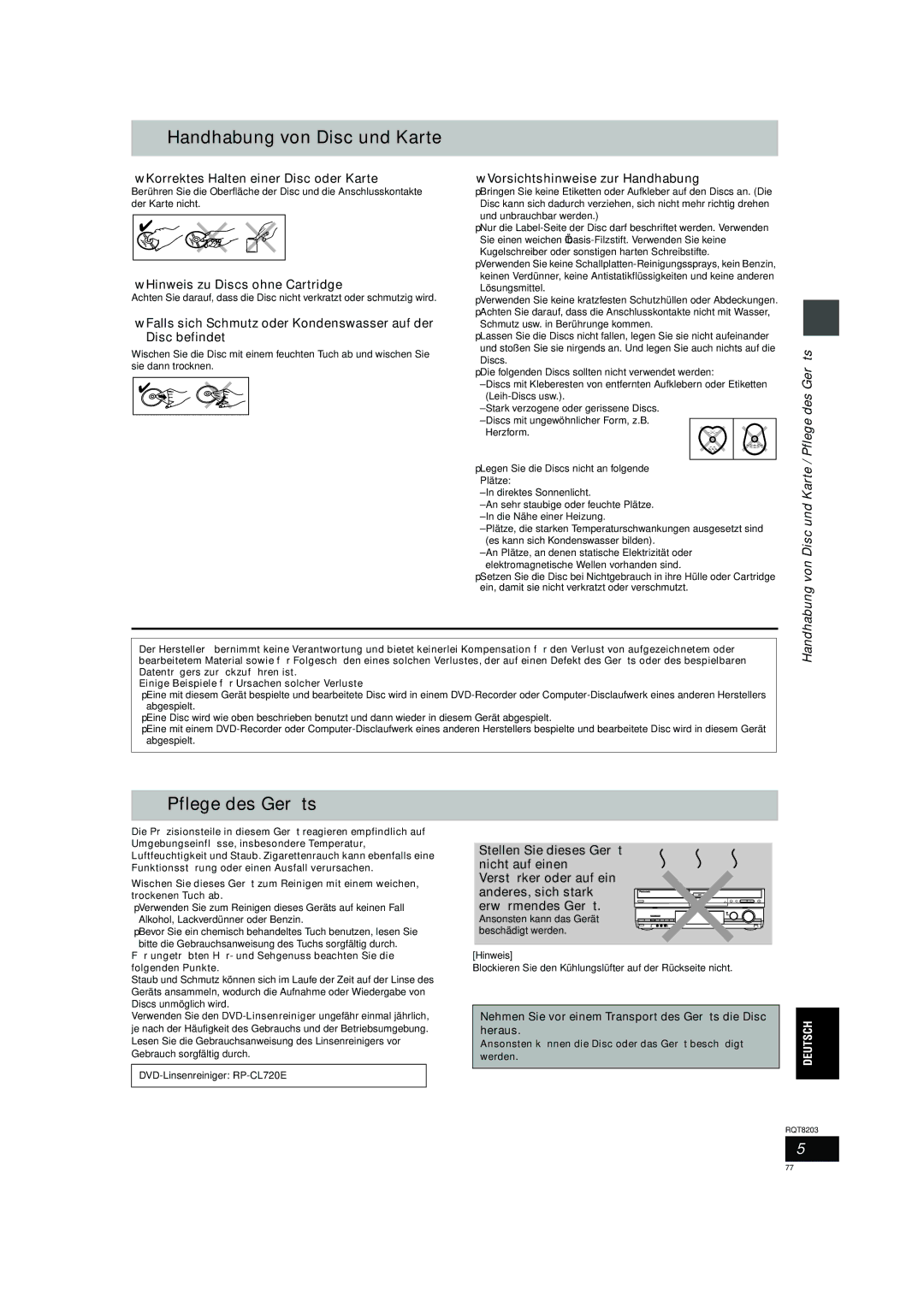 Philips DMR-EH60 operating instructions Handhabung von Disc und Karte / Pflege des Geräts 