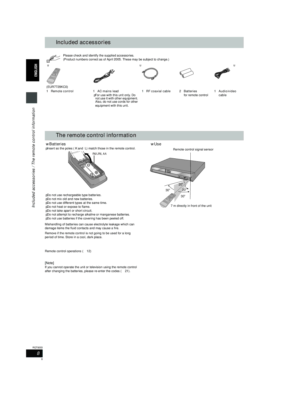 Philips DMR-EH60 operating instructions Included accessories, Information, Batteries, Use 