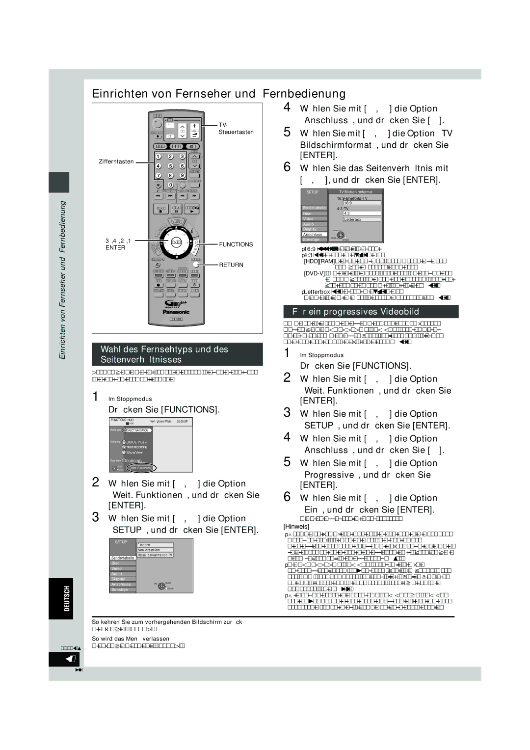 Philips DMR-EH60 Wahl des Fernsehtyps und des Seitenverhältnisses, Drücken Sie Functions, Für ein progressives Videobild 