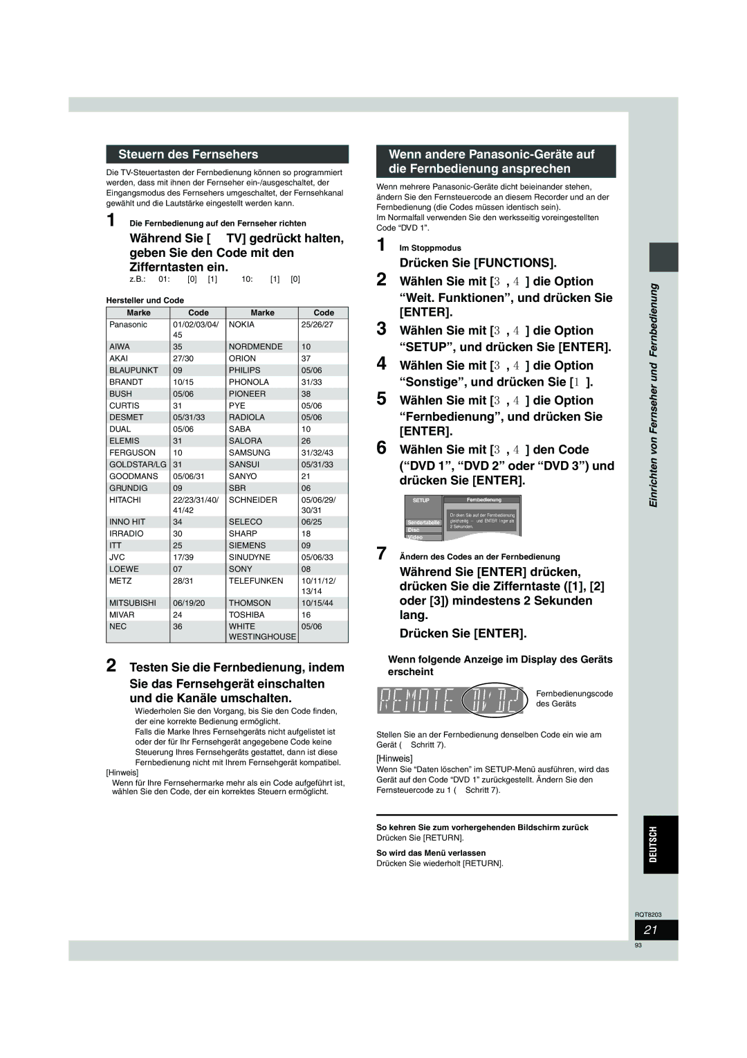 Philips DMR-EH60 operating instructions Steuern des Fernsehers 