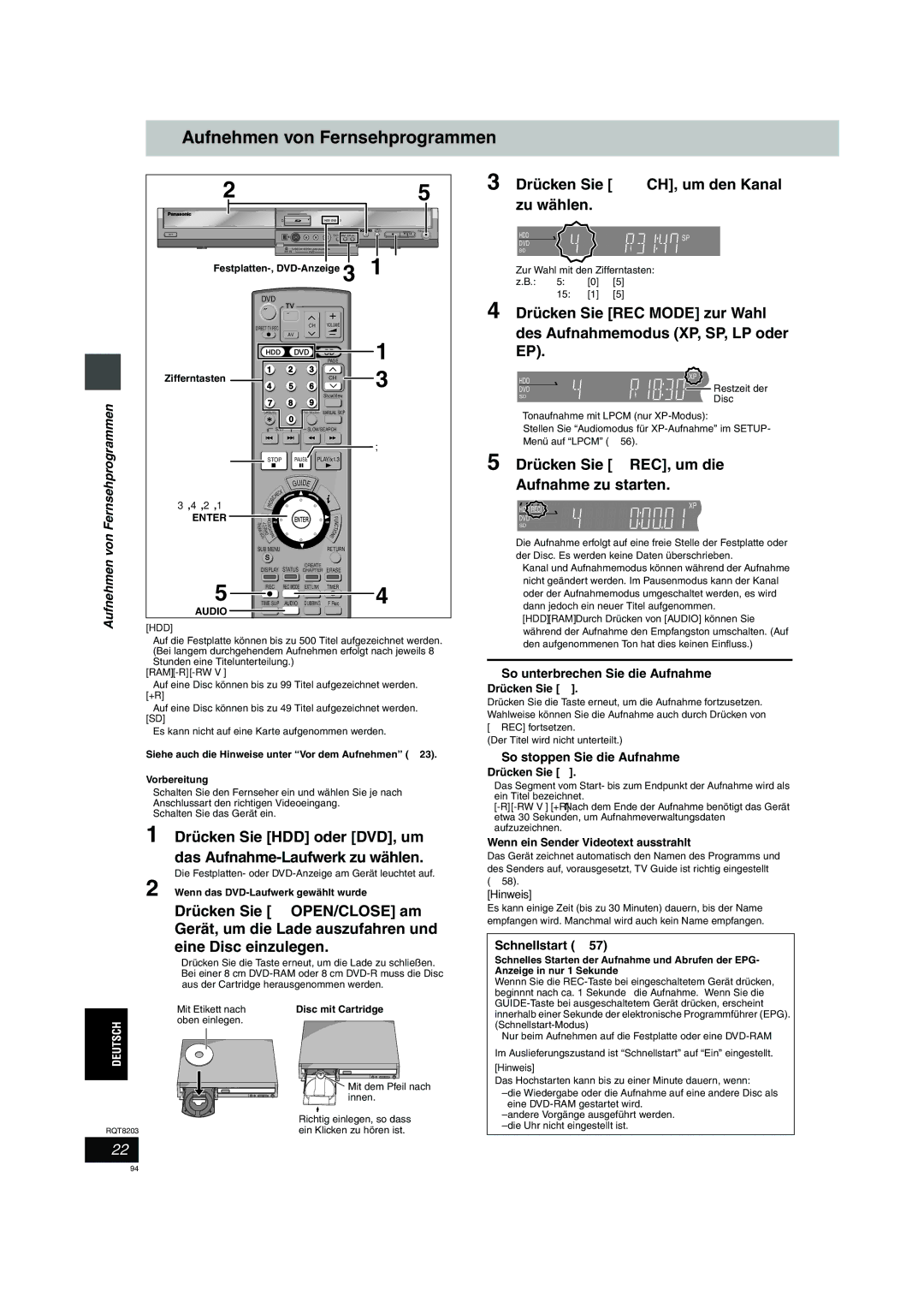 Philips DMR-EH60 operating instructions Aufnehmen von Fernsehprogrammen 