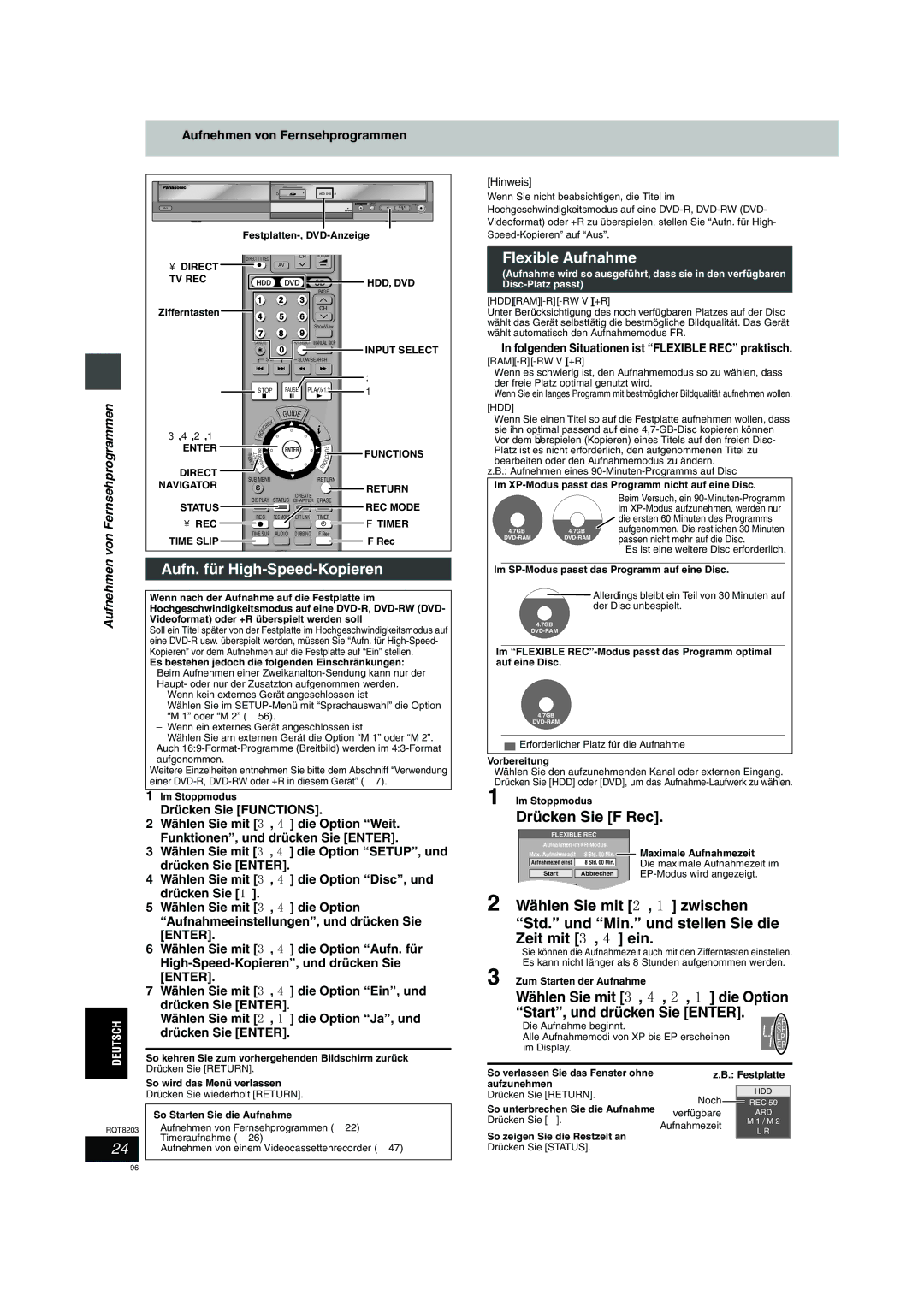 Philips DMR-EH60 Aufn. für High-Speed-Kopieren, Flexible Aufnahme, Drücken Sie F Rec, Aufnehmen von Fernsehprogrammen 