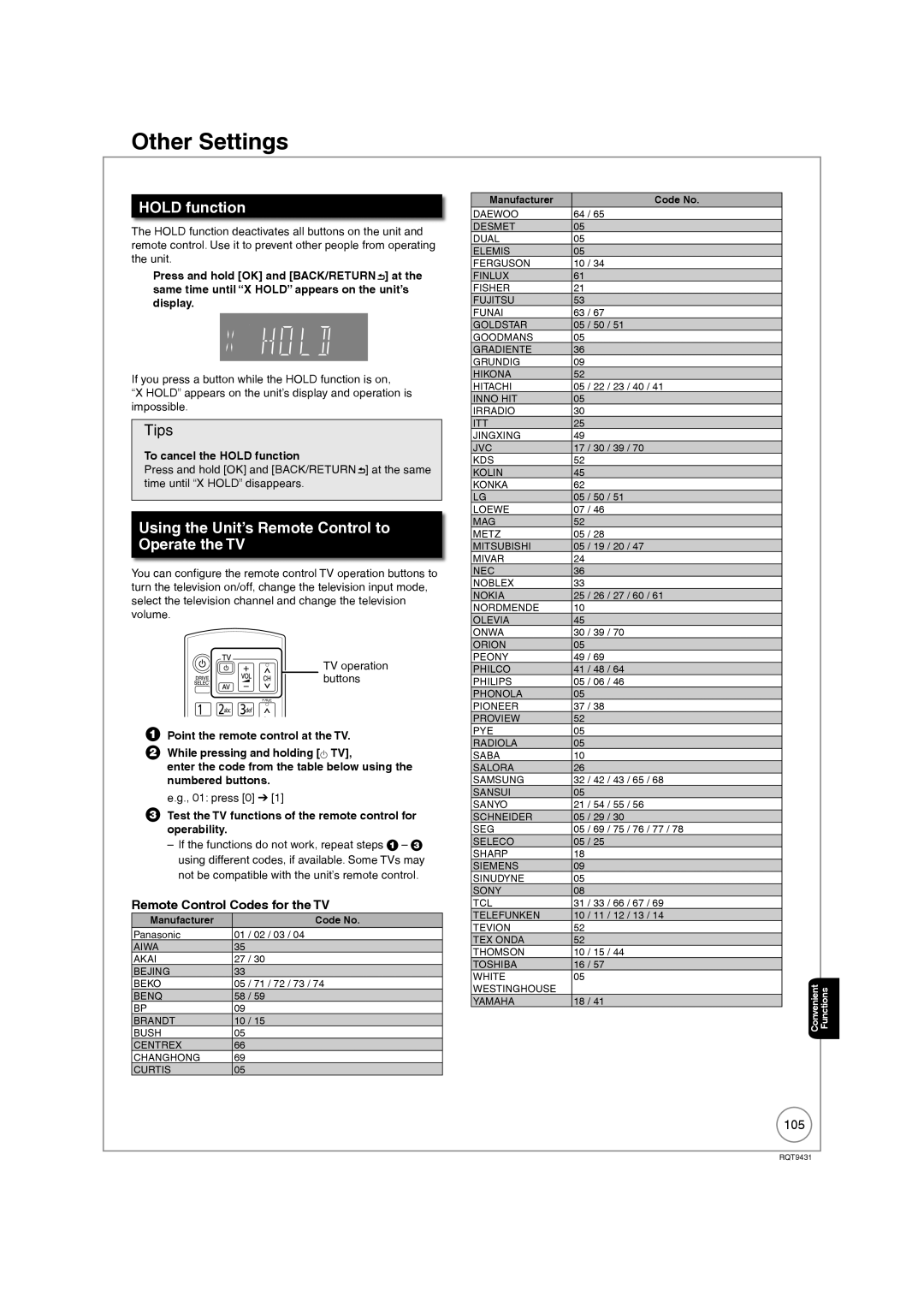 Philips DMR-XS350EB Other Settings, Hold function, Using the Unit’s Remote Control to Operate the TV, 105 