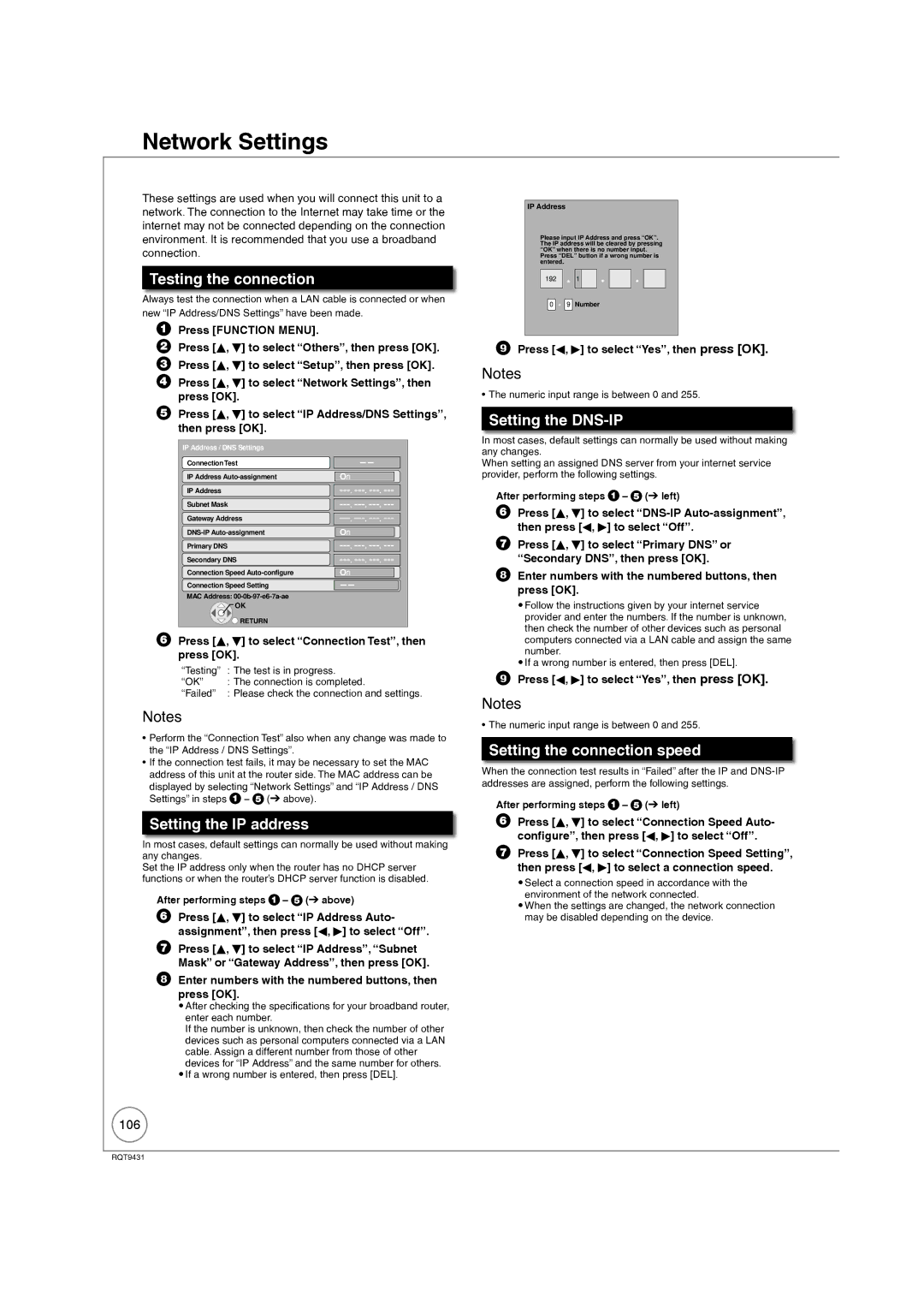 Philips DMR-XS350EB Testing the connection, Setting the IP address, Setting the DNS-IP, Setting the connection speed, 106 