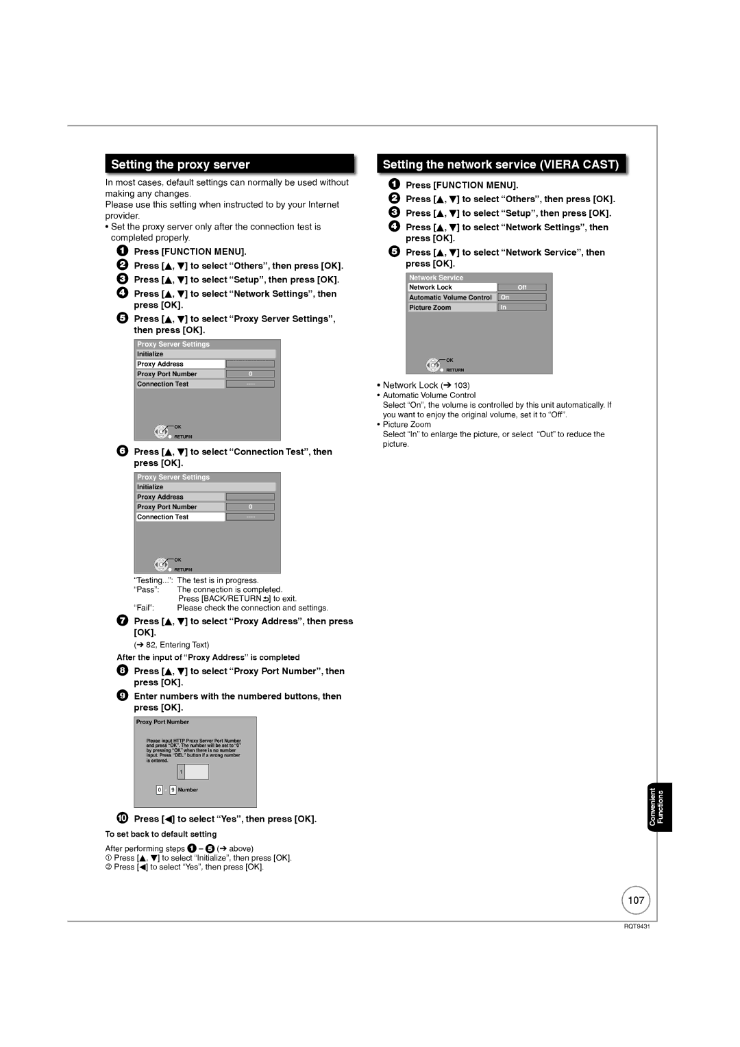 Philips DMR-XS350EB operating instructions Setting the proxy server, Setting the network service Viera Cast, 107 