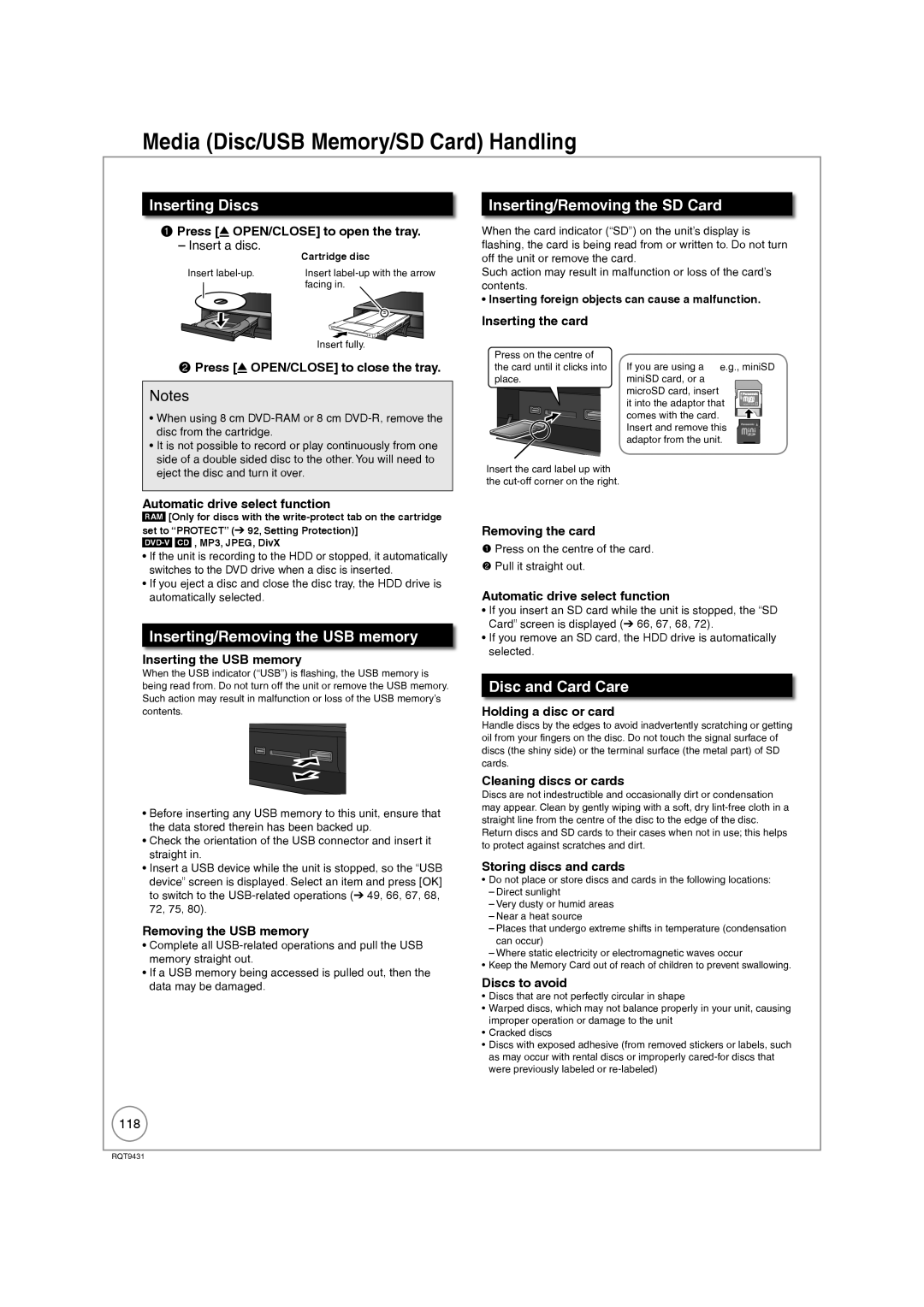 Philips DMR-XS350EB Media Disc/USB Memory/SD Card Handling, Inserting Discs, Inserting/Removing the SD Card 