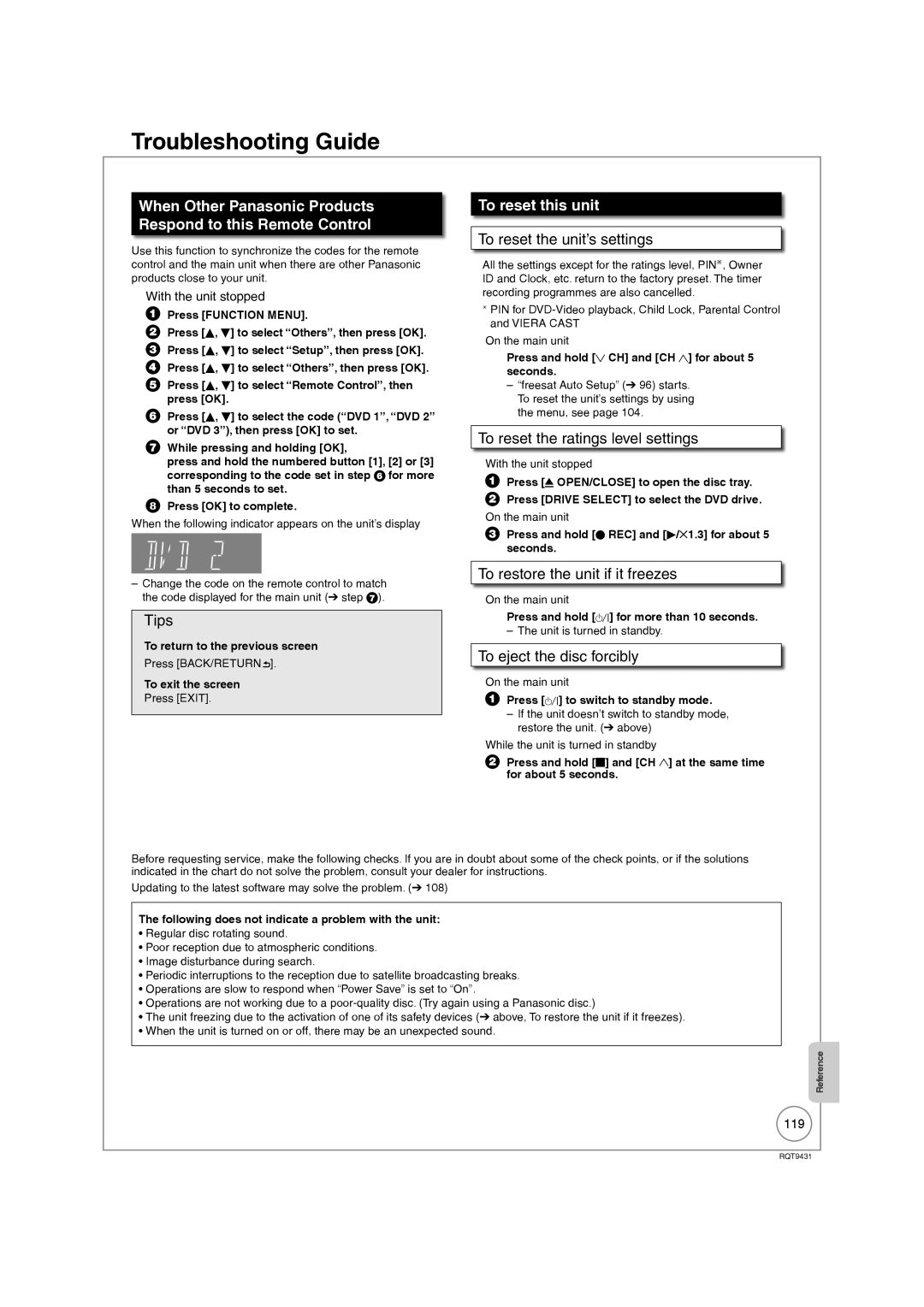 Philips DMR-XS350EB operating instructions Troubleshooting Guide, To reset this unit 