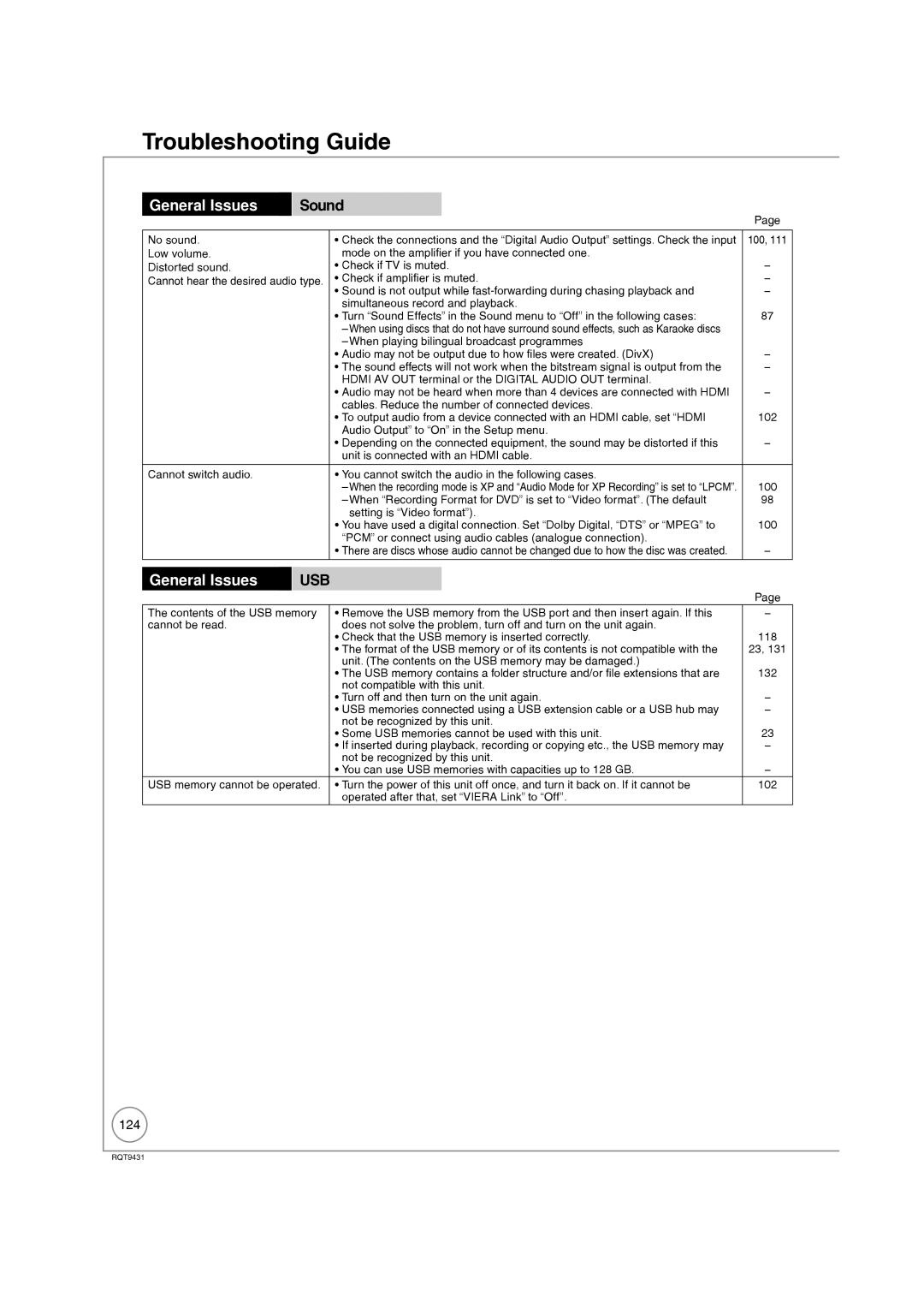 Philips DMR-XS350EB operating instructions Sound, 124, No sound, PCM or connect using audio cables analogue connection 