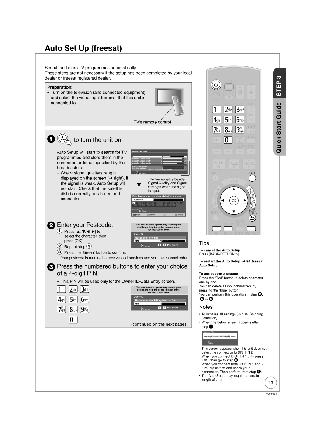 Philips DMR-XS350EB Auto Set Up freesat, To turn the unit on, Enter your Postcode, Quick, Preparation 