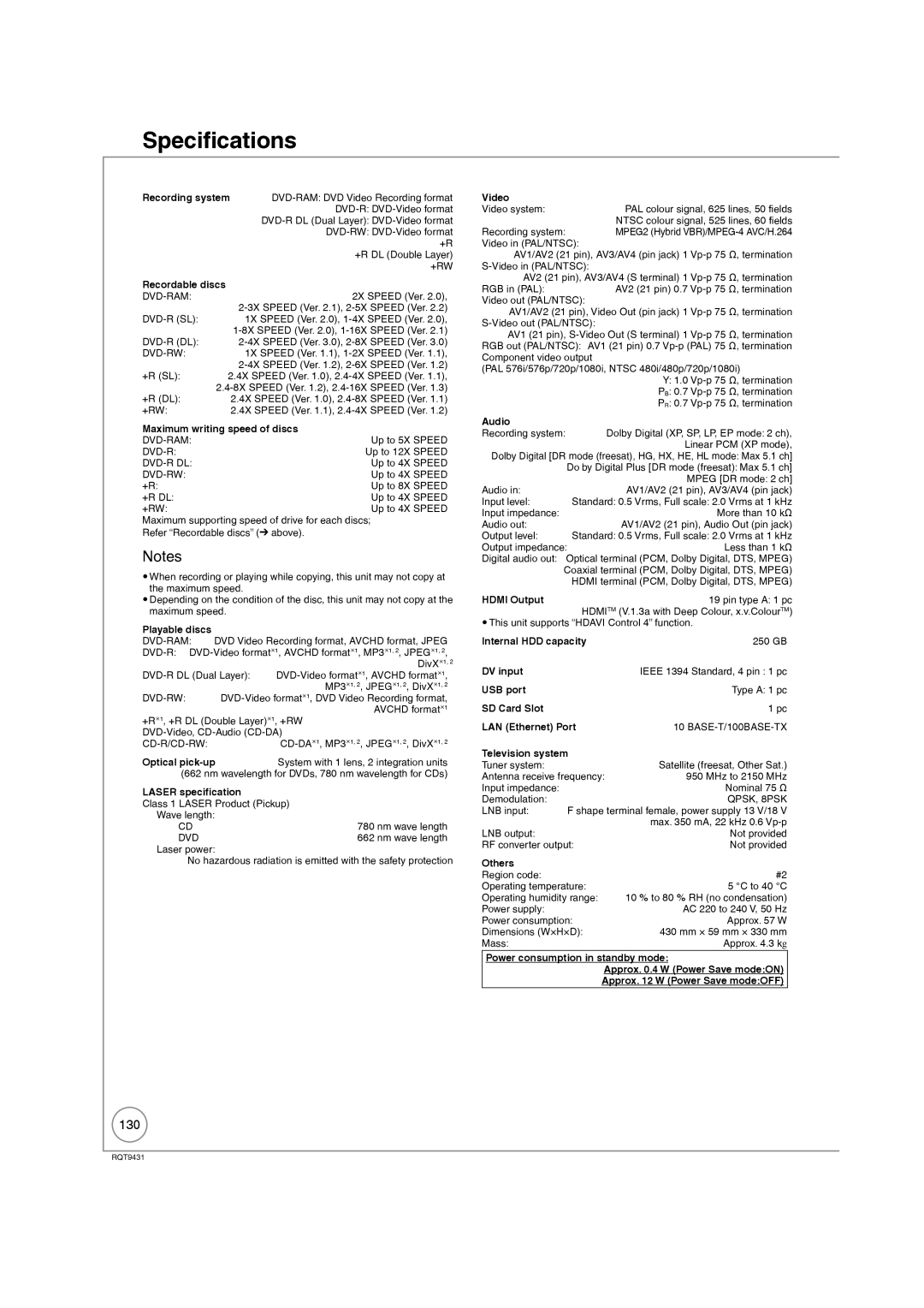 Philips DMR-XS350EB operating instructions Specifications, 130 