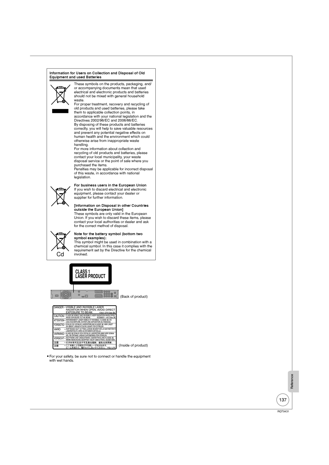 Philips DMR-XS350EB operating instructions Class Laser Product, 137 