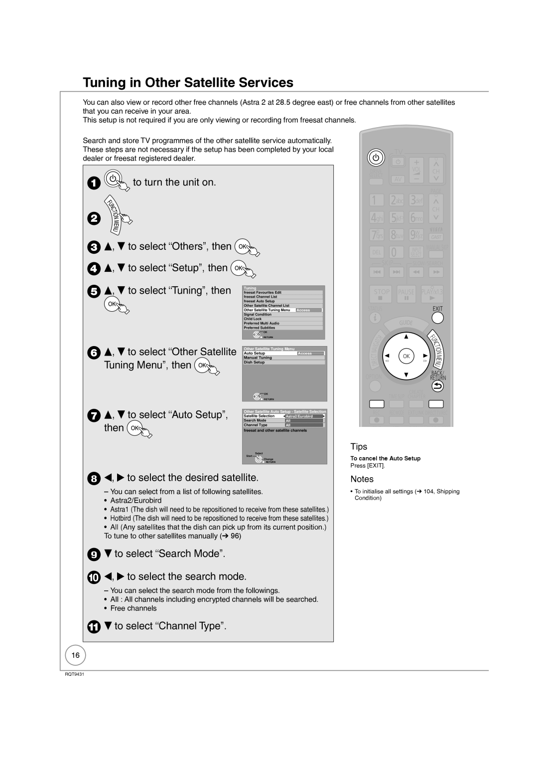 Philips DMR-XS350EB Tuning in Other Satellite Services, Q to select the desired satellite, To select Channel Type 