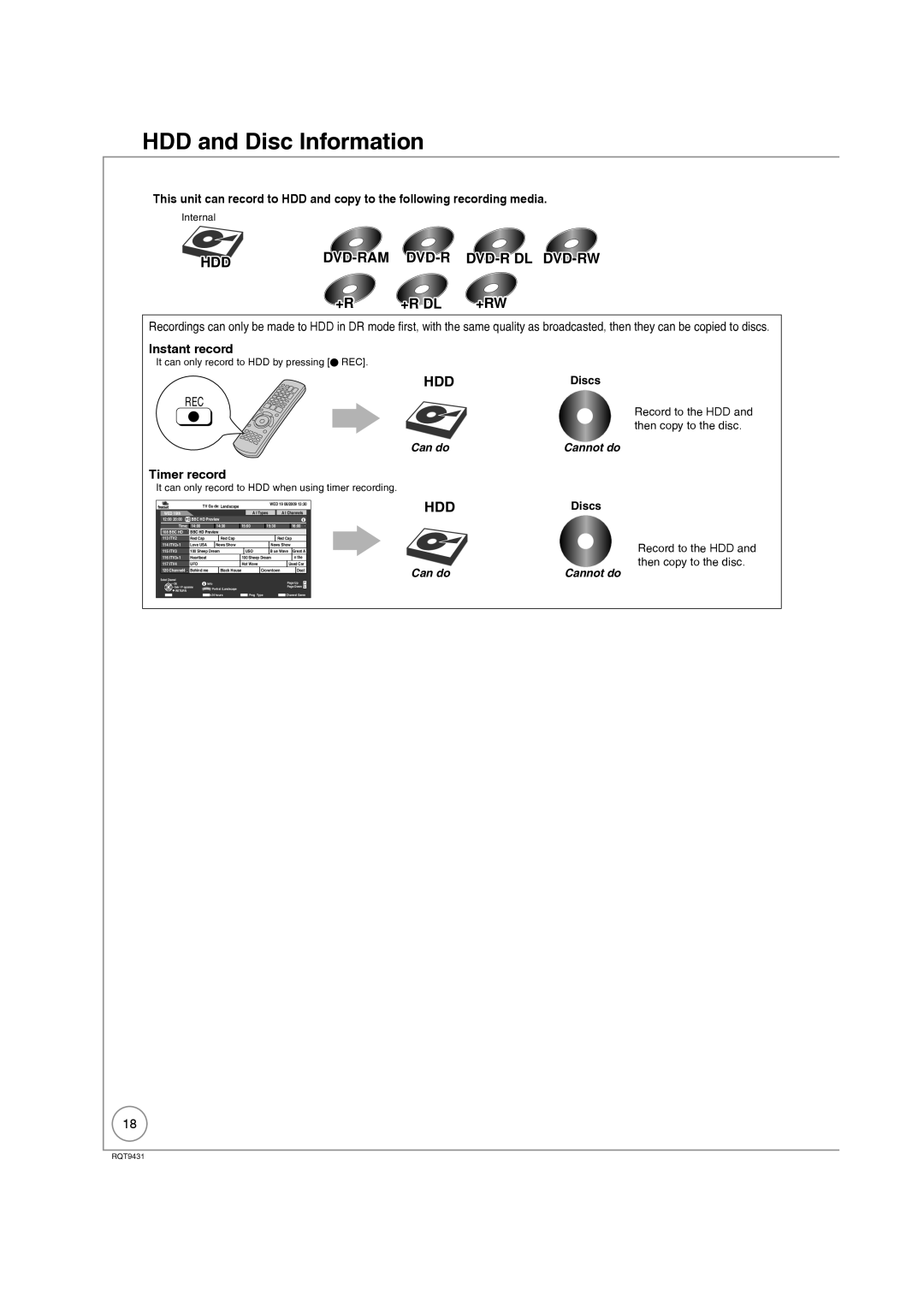 Philips DMR-XS350EB operating instructions HDD and Disc Information, Instant record, Timer record, HDDDiscs 