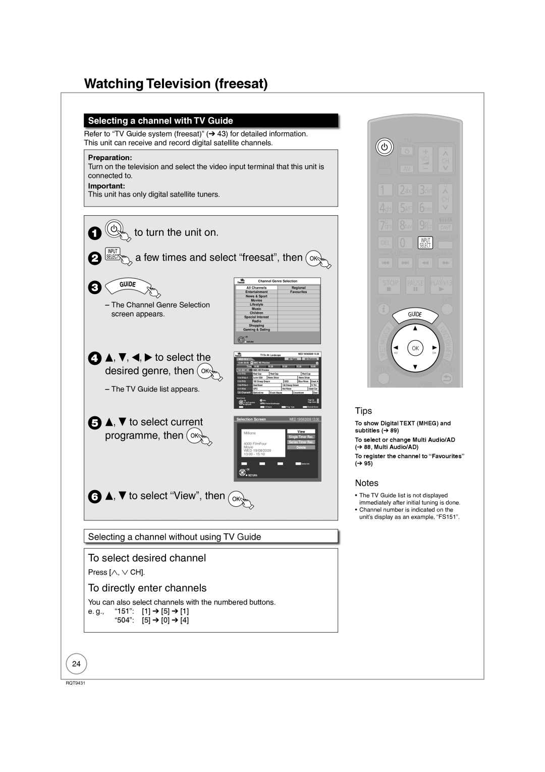 Philips DMR-XS350EB Watching Television freesat, To turn the unit on Few times and select freesat, then 