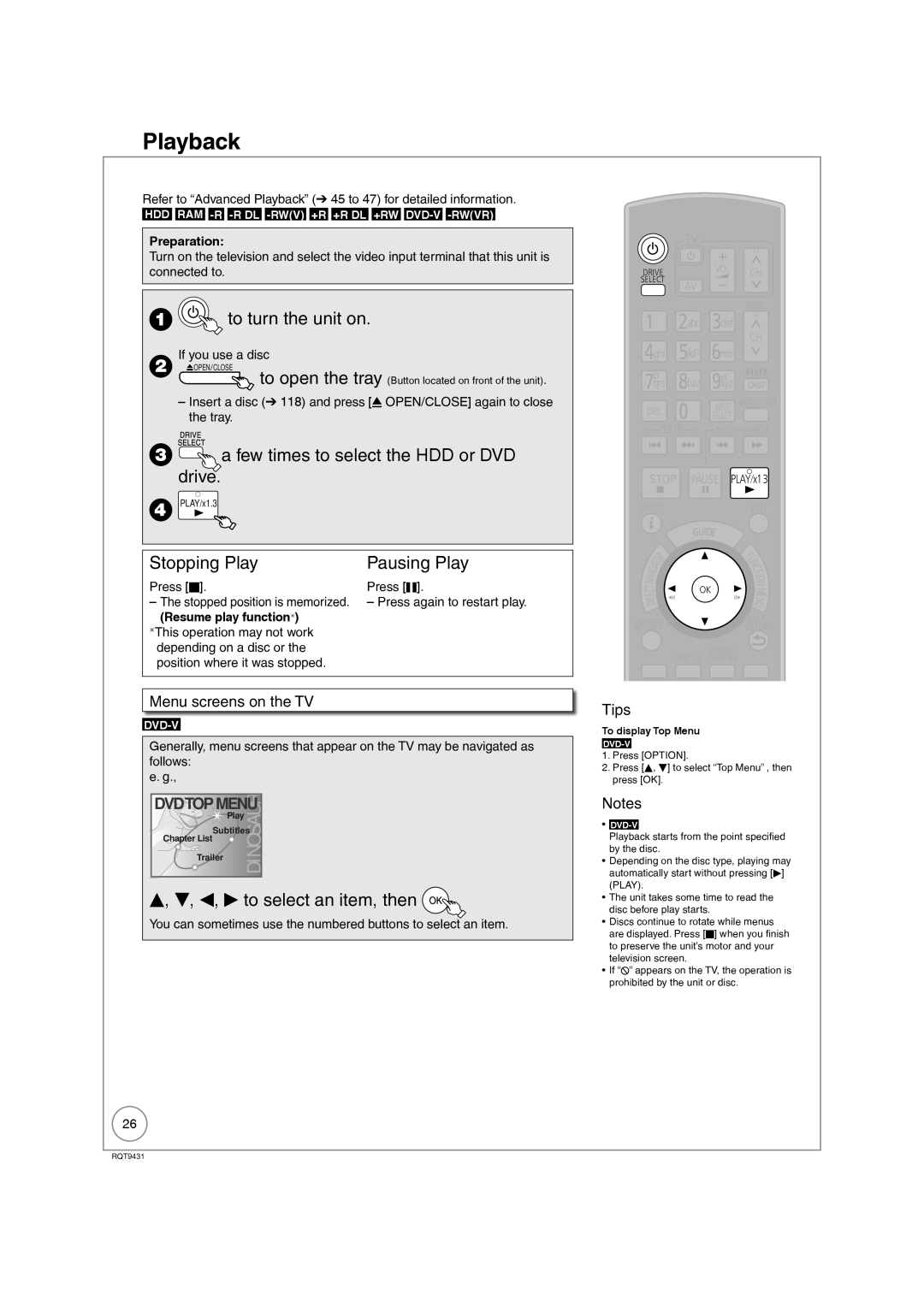 Philips DMR-XS350EB Playback, Few times to select the HDD or DVD drive, Stopping Play, W, q to select an item, then 