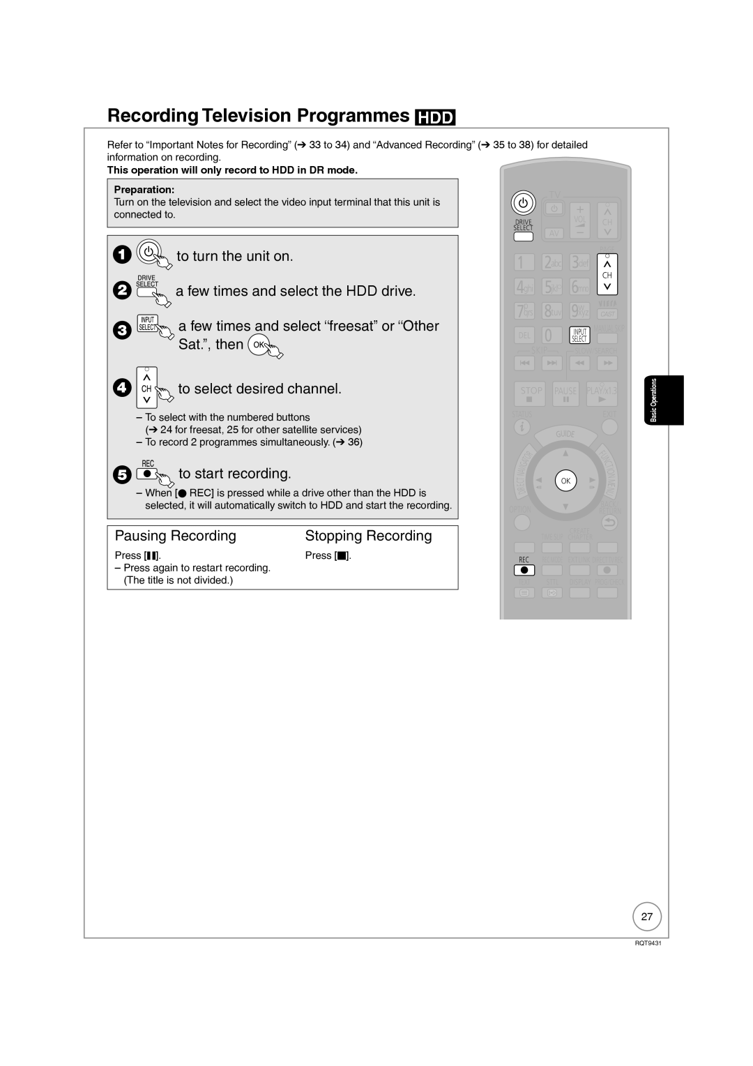 Philips DMR-XS350EB Recording Television Programmes HDD, To start recording, Pausing Recording Stopping Recording 