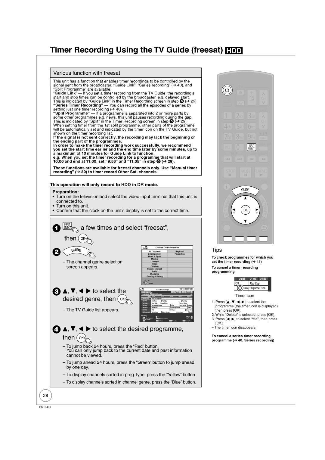 Philips DMR-XS350EB Timer Recording Using the TV Guide freesat HDD, Various function with freesat, TV Guide list appears 